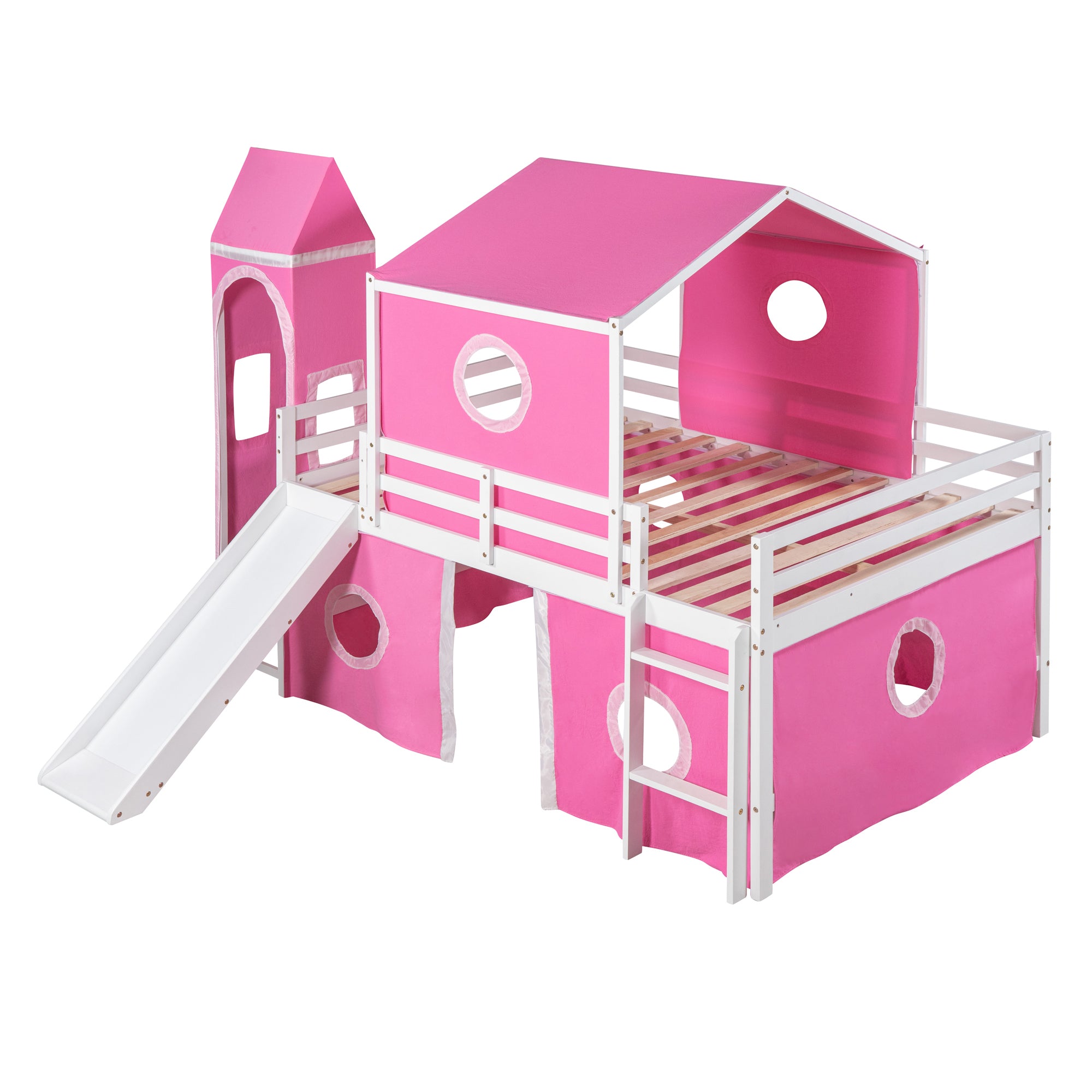 Full Size Bunk Bed with Slide Pink Tent and Tower - Pink