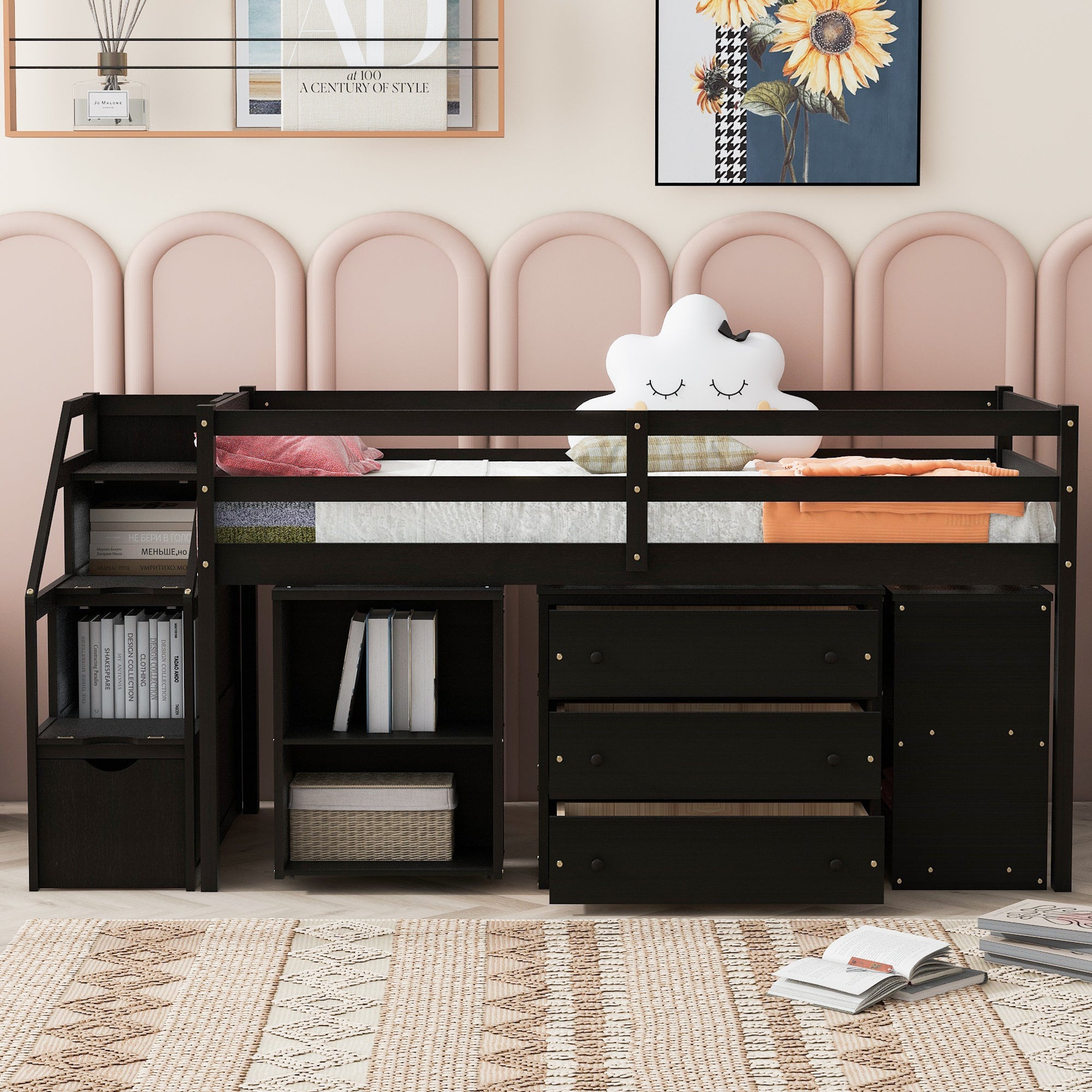 Twin Size Loft Bed with Retractable Writing Desk and 3 Drawers, Wooden Loft Bed with Storage Stairs and Shelves, Espresso - Atlantic Fine Furniture Melbourne FL