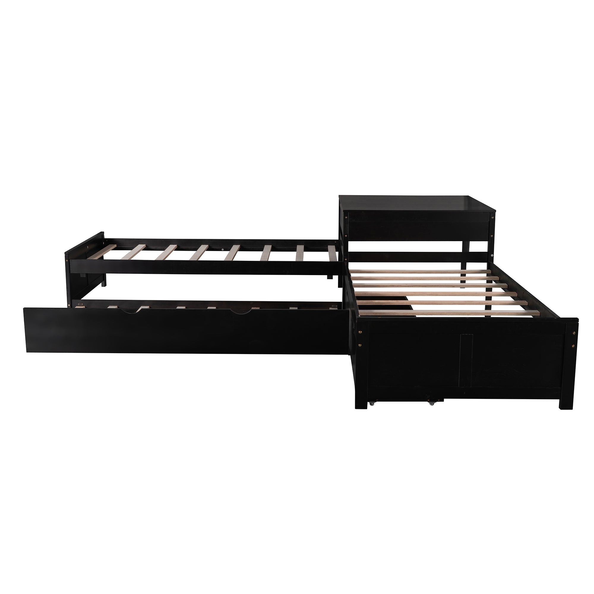 L-shaped Platform Bed with Trundle and Drawers Linked with built-in Desk,Twin,Espresso - Atlantic Fine Furniture Melbourne FL