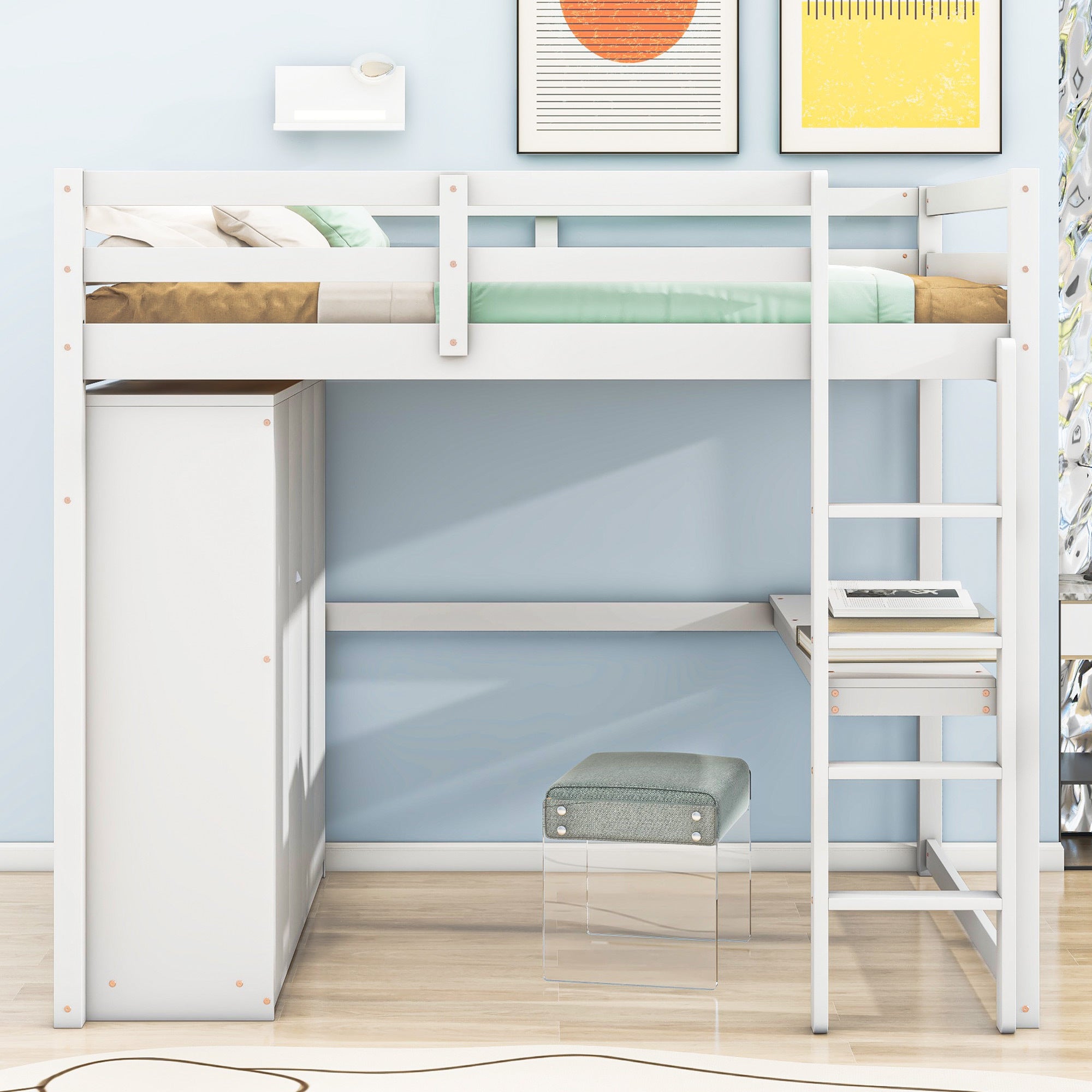 Wood Full Size Loft Bed with Built-in Wardrobe, Desk, Storage Shelves and Drawers, White - Atlantic Fine Furniture Melbourne FL