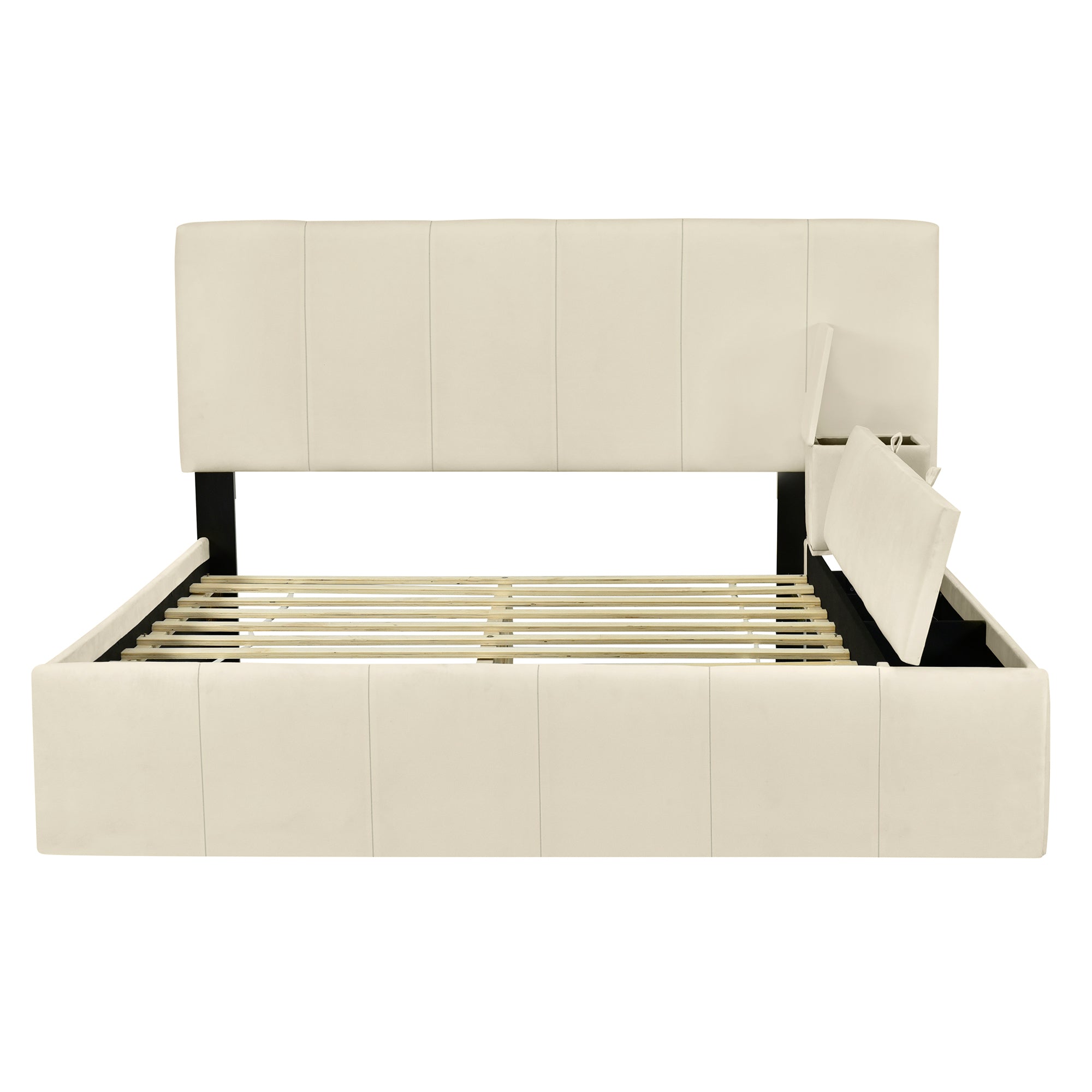 Full Size Upholstered Platform Bed with Lateral Storage Compartments and Thick Fabric, Velvet, Beige - Atlantic Fine Furniture Melbourne FL