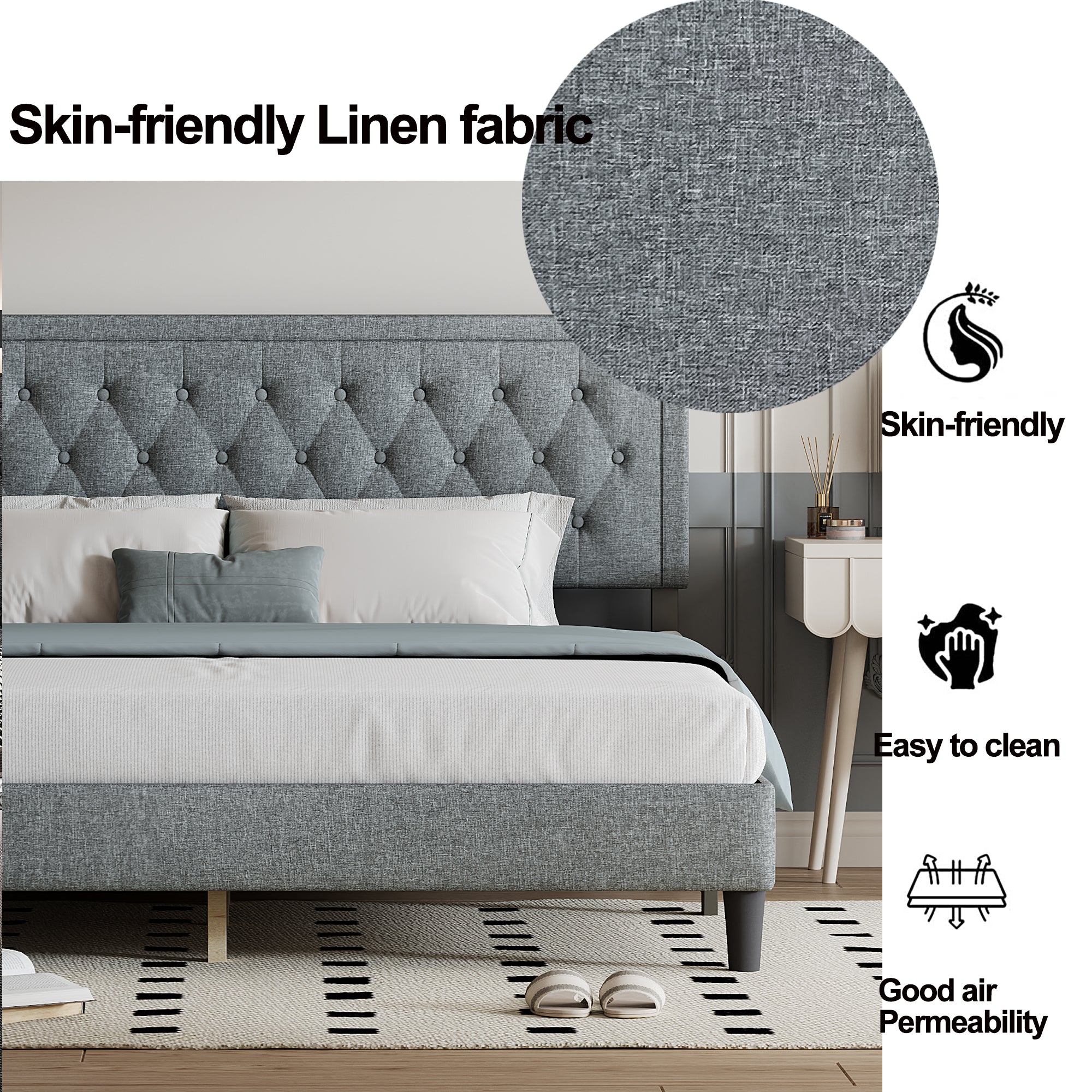 King size Panel Bed Frame with Adjustable Button-Tufted Headboard for Bedroom/Linen Upholstered/Wood Slat Support/Easy Assembly,Light Grey