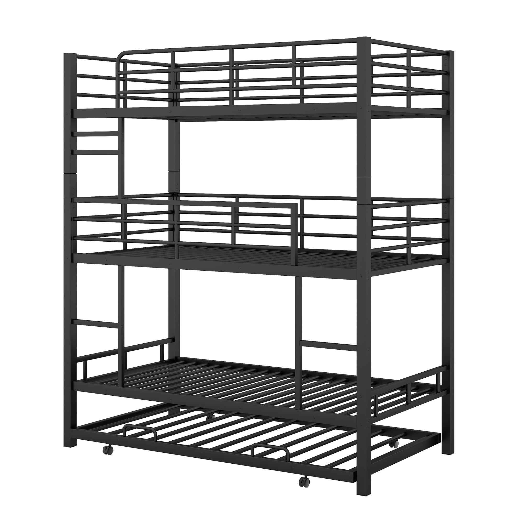 Metal Twin Size Triple Bunk Bed With Trundle, Black