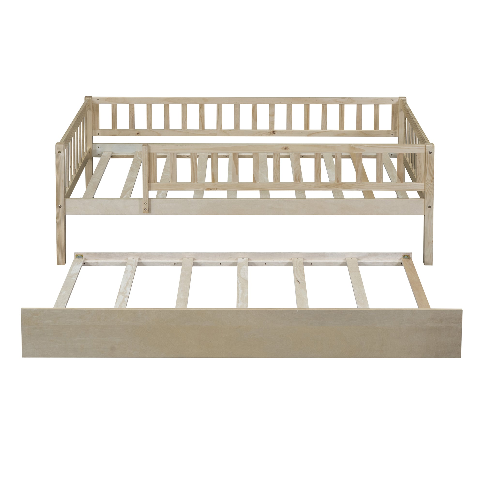 Twin Size Wood Daybed with Trundle and Fence Guardrails, Natural - Atlantic Fine Furniture Melbourne FL