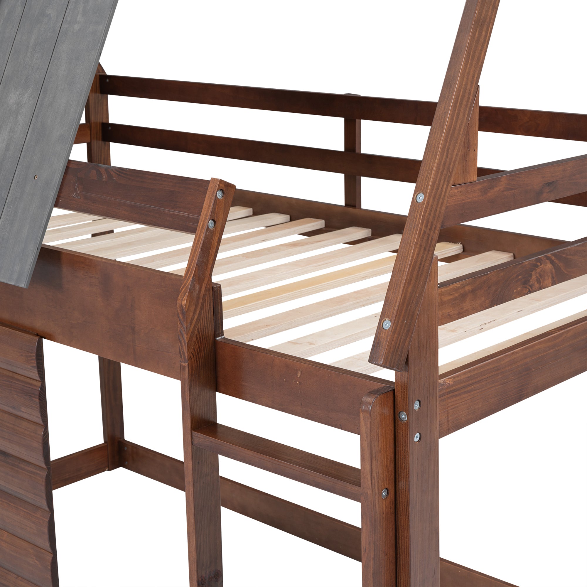 Wood Twin Size House Bunk Bed with Roof, Ladder and 2 Windows, Oak & Smoky Grey - Atlantic Fine Furniture Melbourne FL