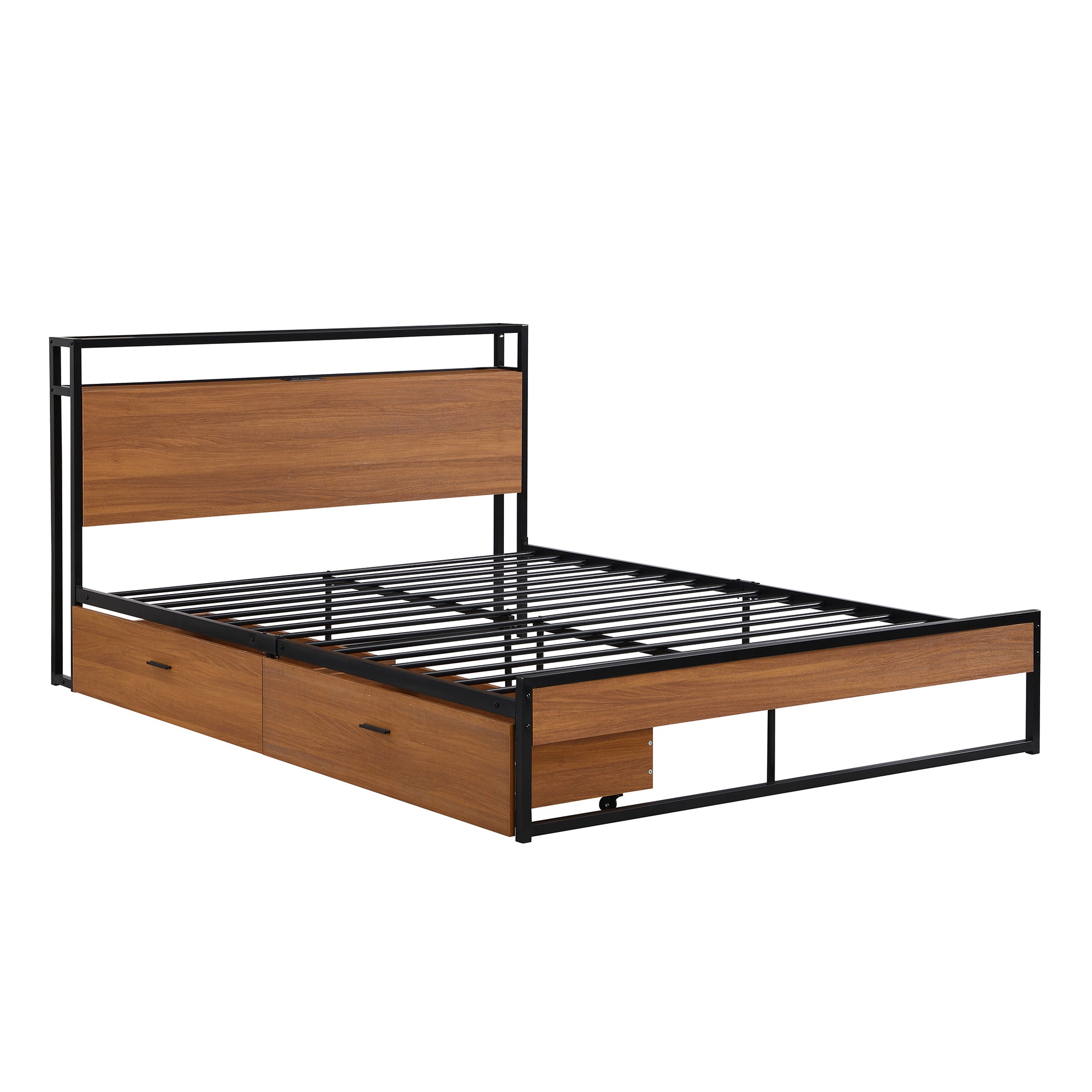 Queen Size Metal Platform Bed Frame with Two Drawers,Sockets and USB Ports ,Slat Support No Box Spring Needed Black - Atlantic Fine Furniture Melbourne FL