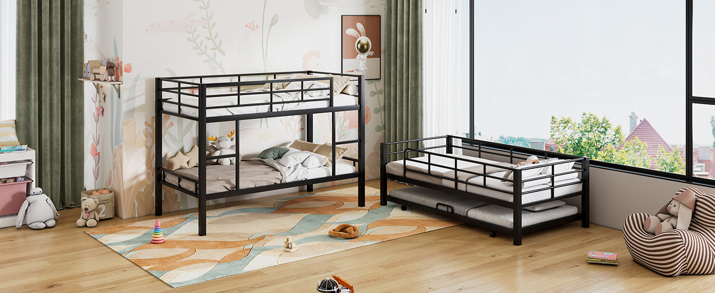 Metal Twin Size Triple Bunk Bed With Trundle, Black