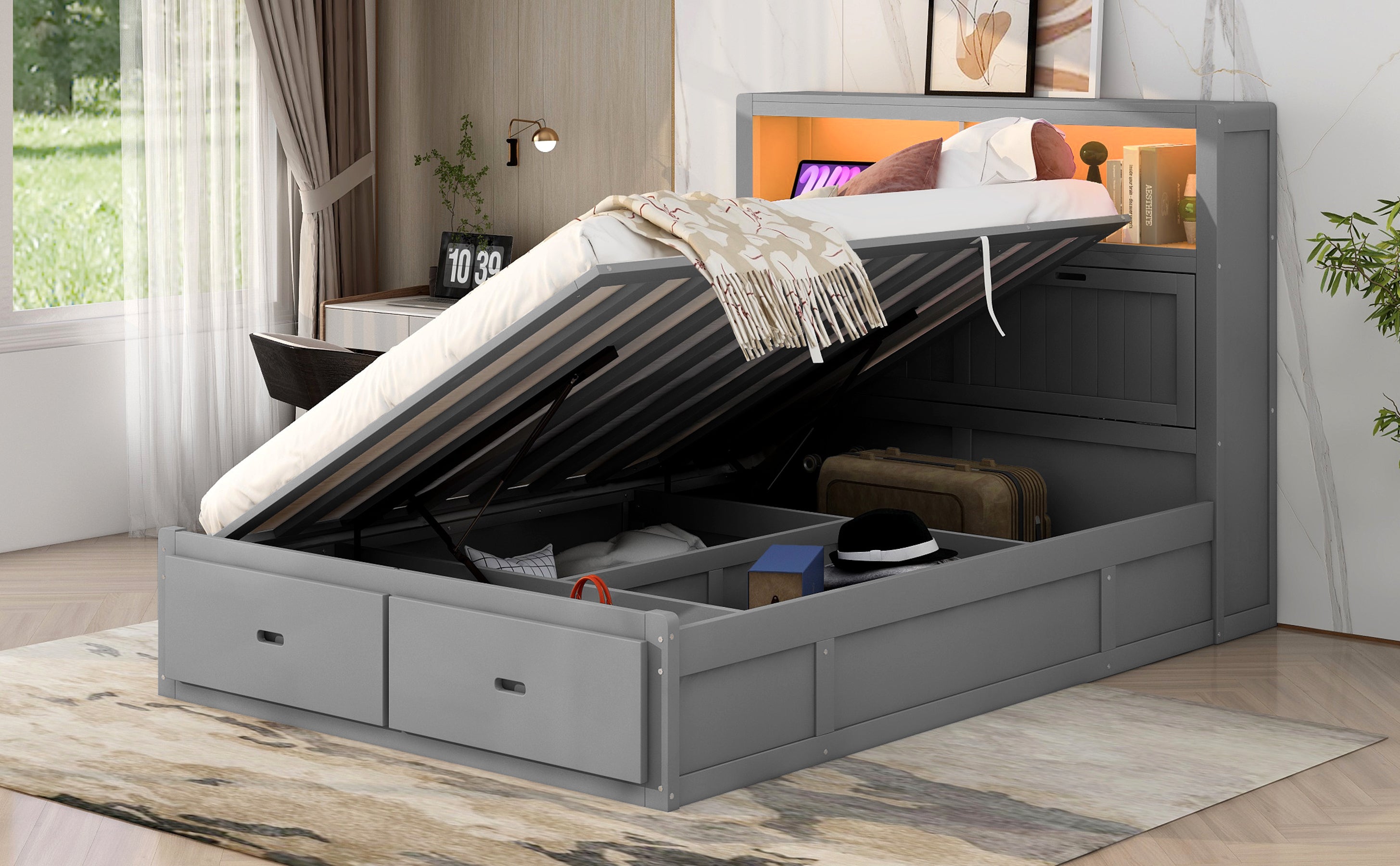 Wood Queen Size Hydraulic Platform Bed with Storage LED Headboard, Charging Station and 2 Drawers, Gray - Atlantic Fine Furniture Melbourne FL