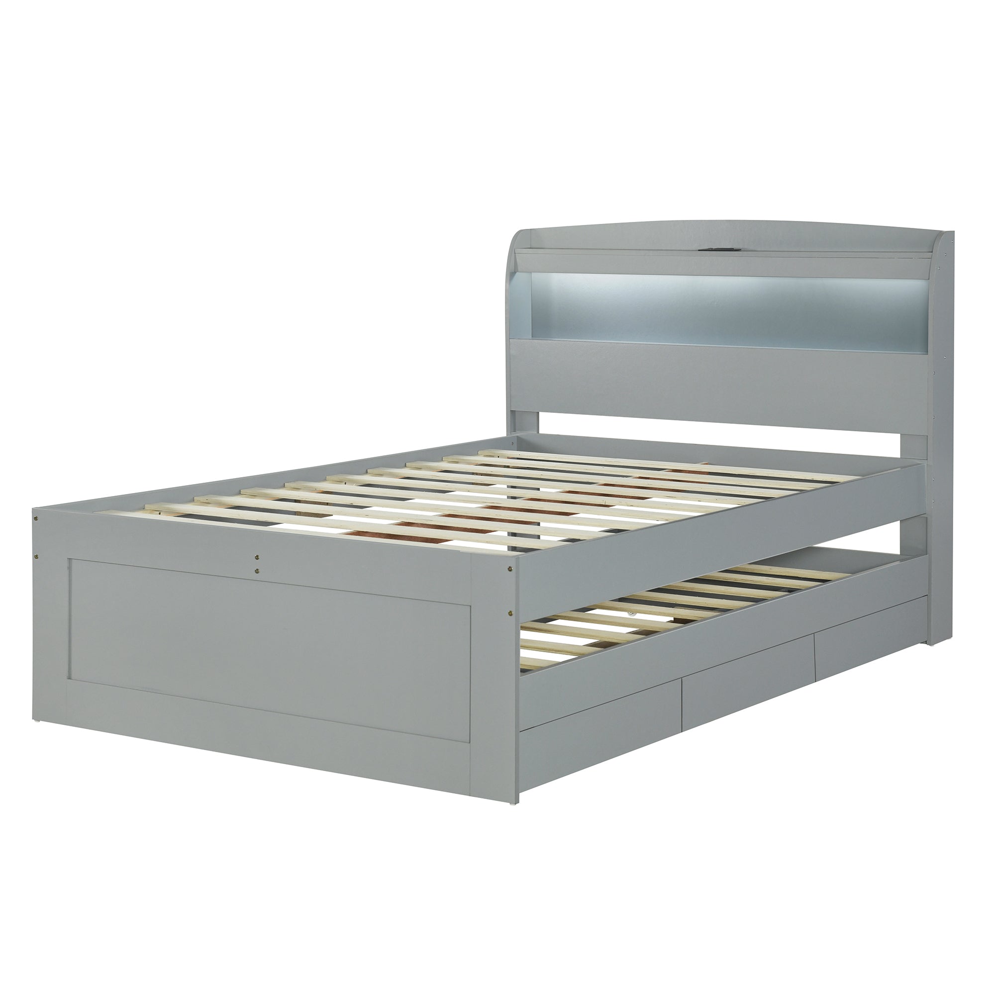 Full XL Size Platform Bed with Storage LED Headboard, Charging Station, Twin Size Trundle and 2 Drawers, Gray - Atlantic Fine Furniture Melbourne FL