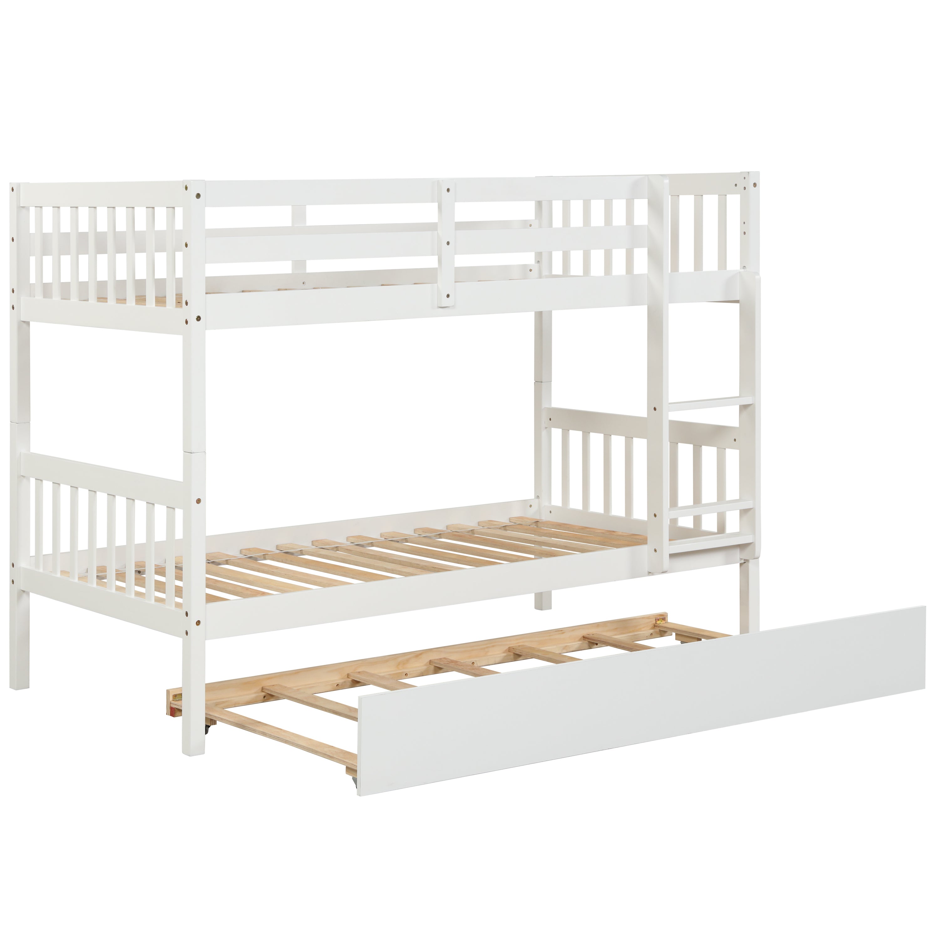 Twin Over Twin Bunk Beds with Trundle, Solid Wood Trundle Bed Frame with Safety Rail and Ladder, Kids/Teens Bedroom, Guest Room Furniture, Can Be converted into 2 Beds, White (Old Sku:W504S00028)