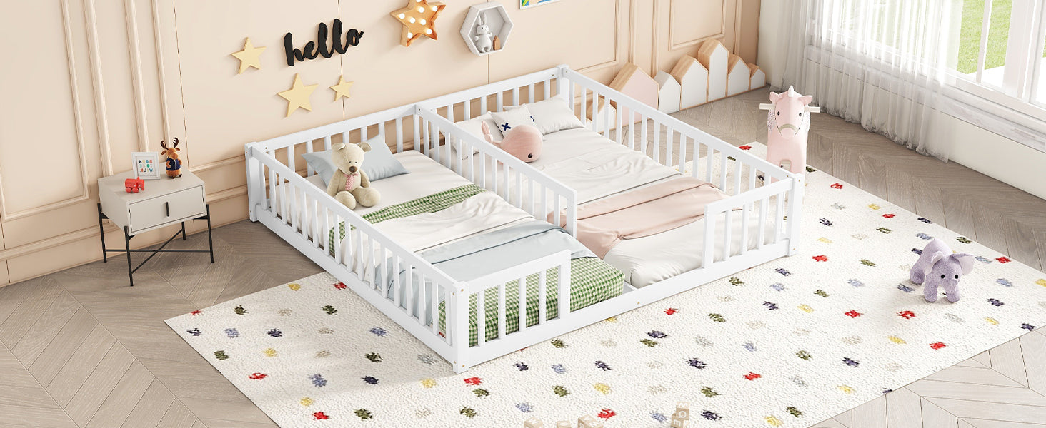 Double Twin Floor Bed with Fence, Guardrails, without door, White