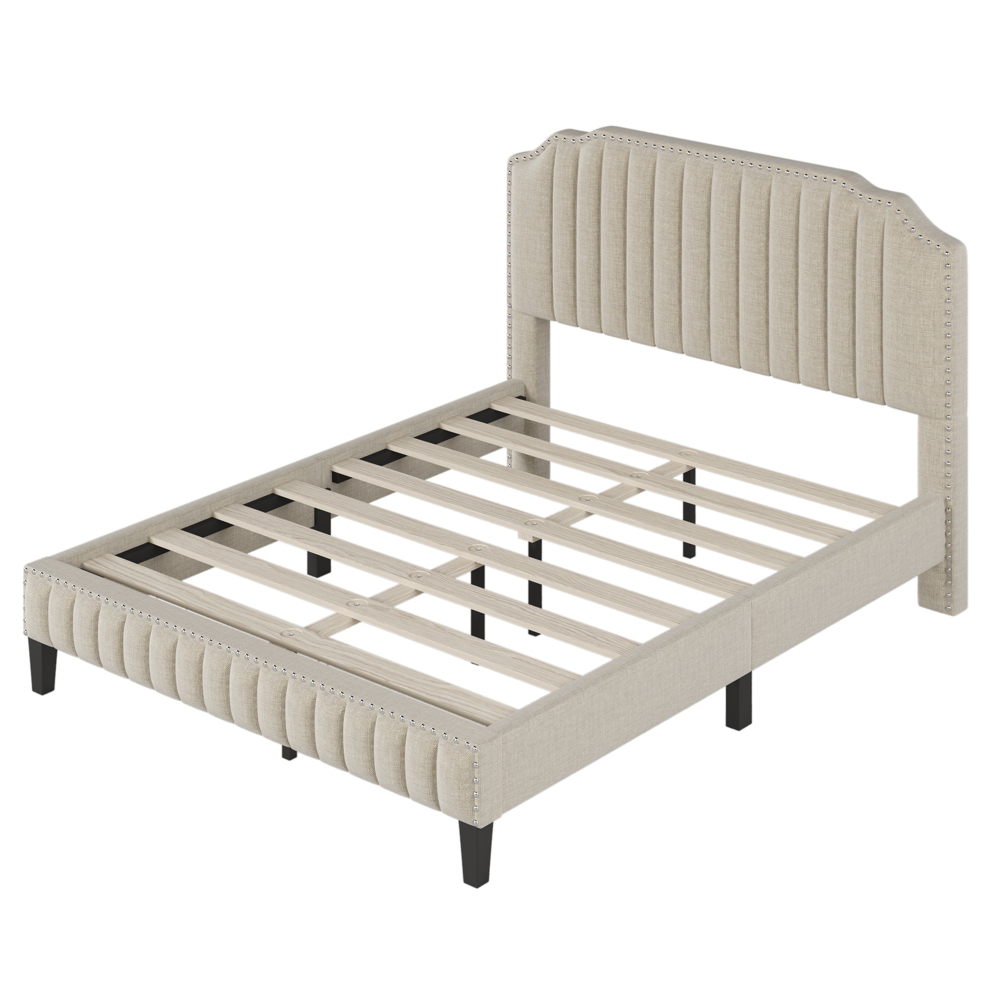 Modern Linen Curved Upholstered Platform Bed , Solid Wood Frame , Nailhead Trim, Beige (Queen) - Atlantic Fine Furniture Melbourne FL
