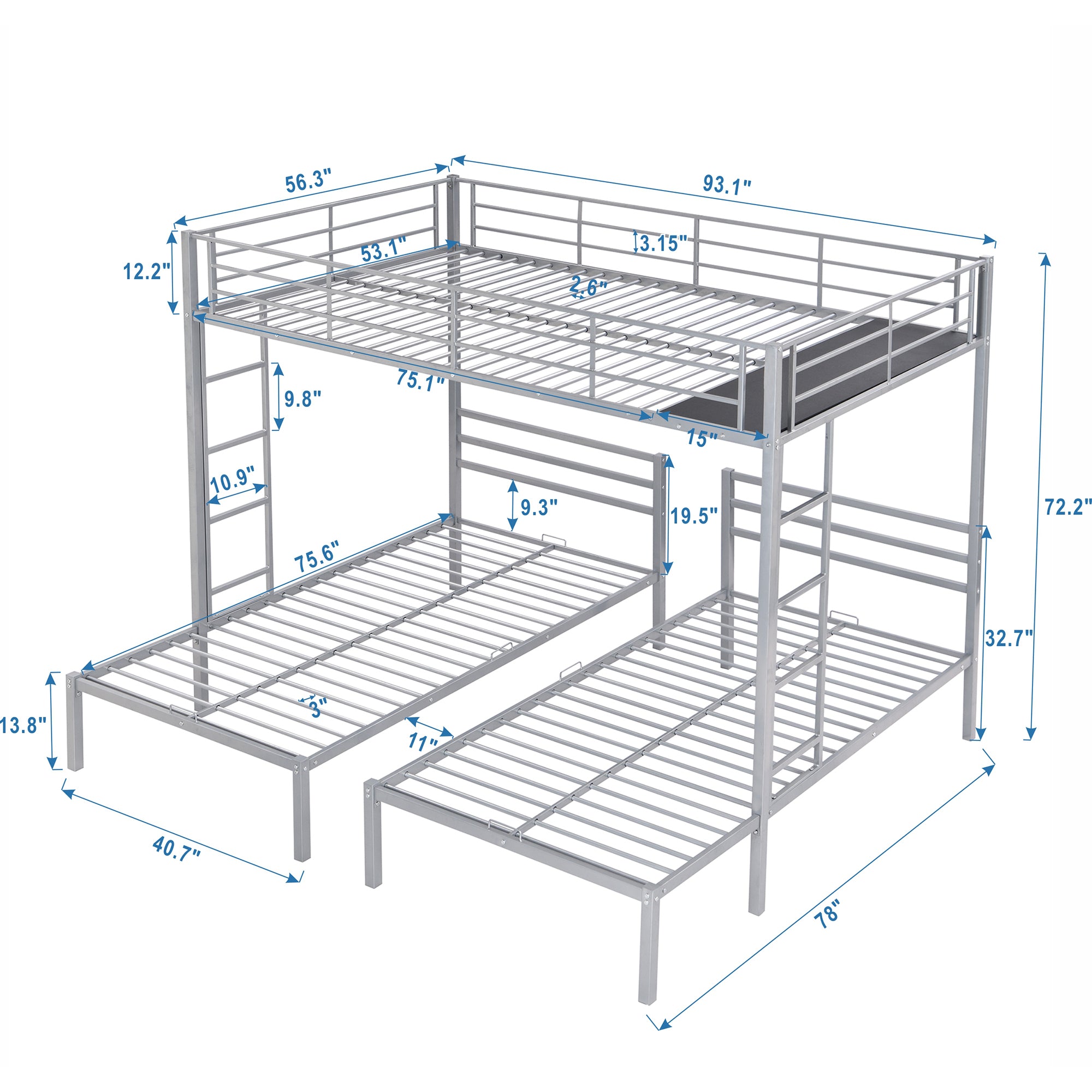 Full over Twin&Twin Size Bunk Bed with Built-in Shelf, Silver - Atlantic Fine Furniture Melbourne FL