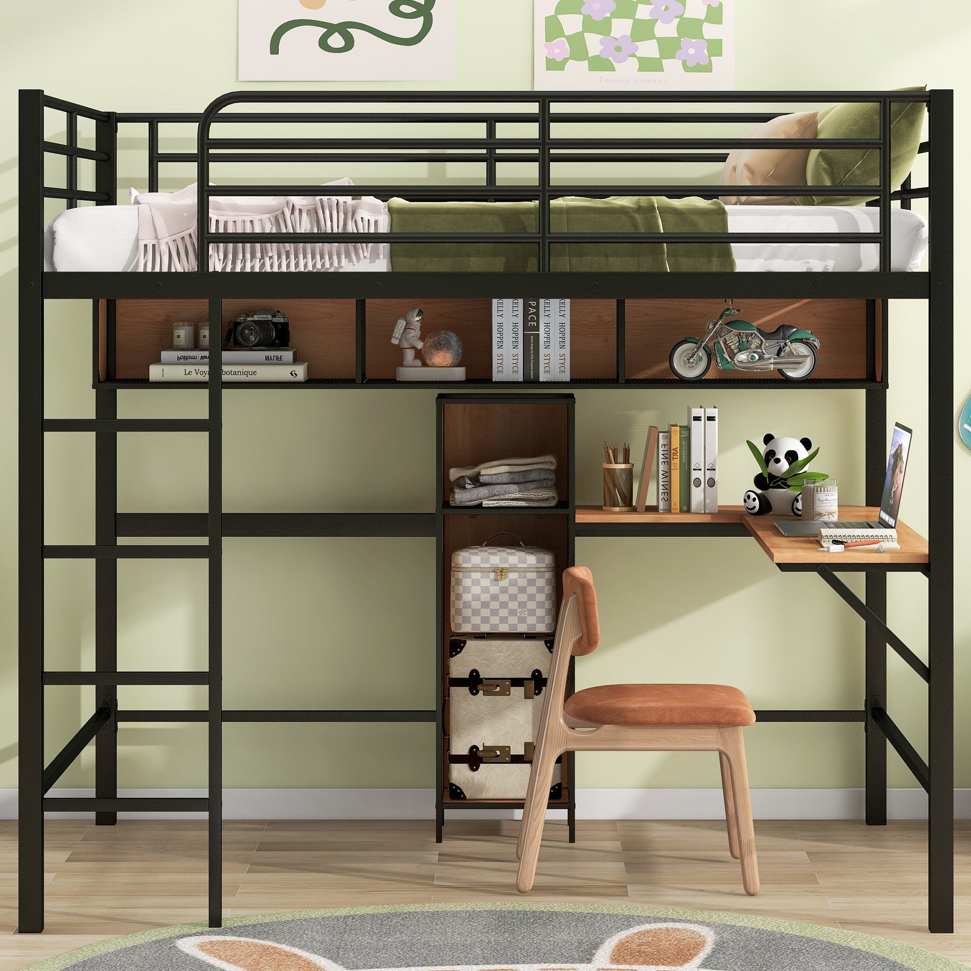 Full Size Metal & Wood Loft Bed with L -shaped desk and shelves, Black and Brown