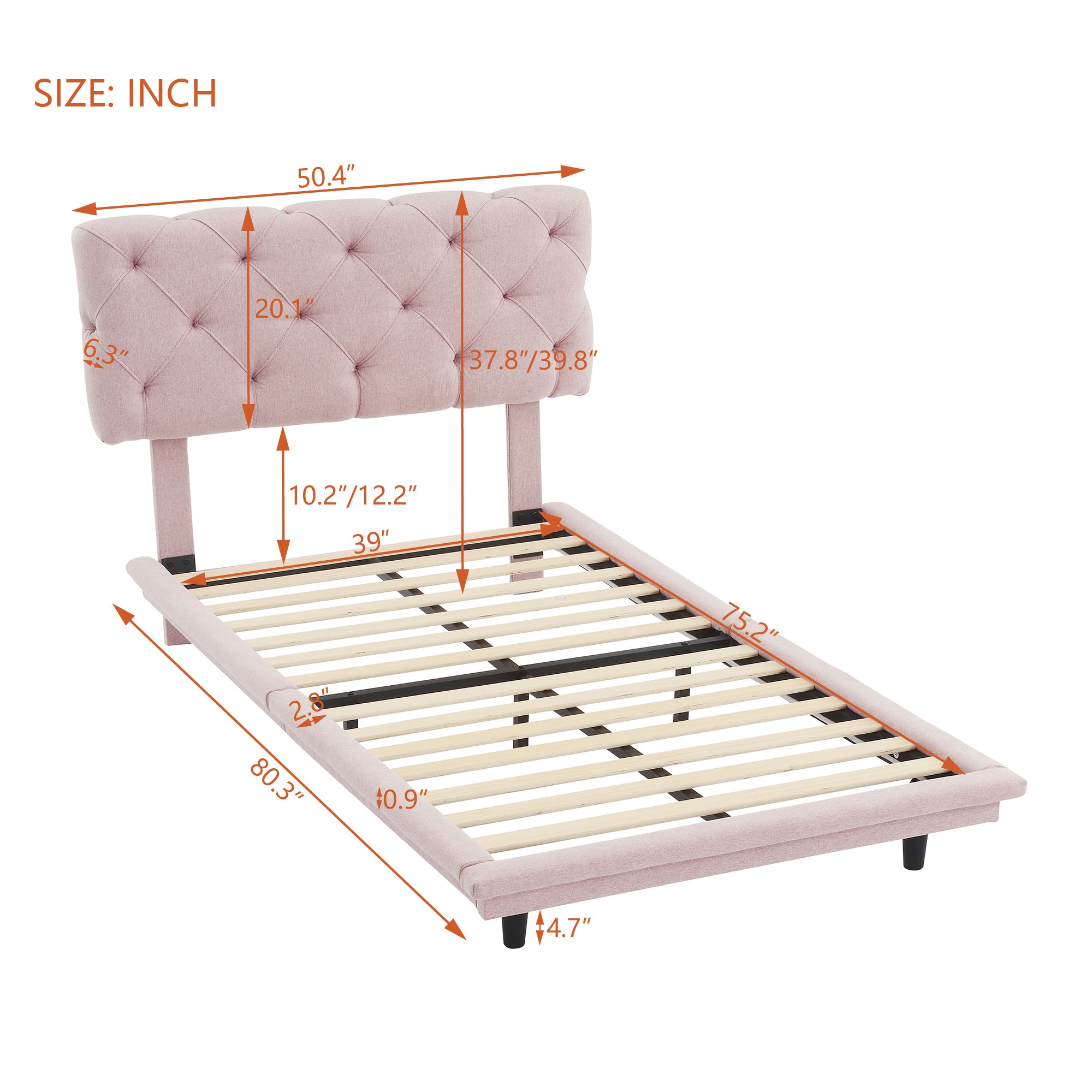 Twin Size Upholstered Bed with Light Stripe, Floating Platform Bed, Linen Fabric,Pink - Atlantic Fine Furniture Melbourne FL