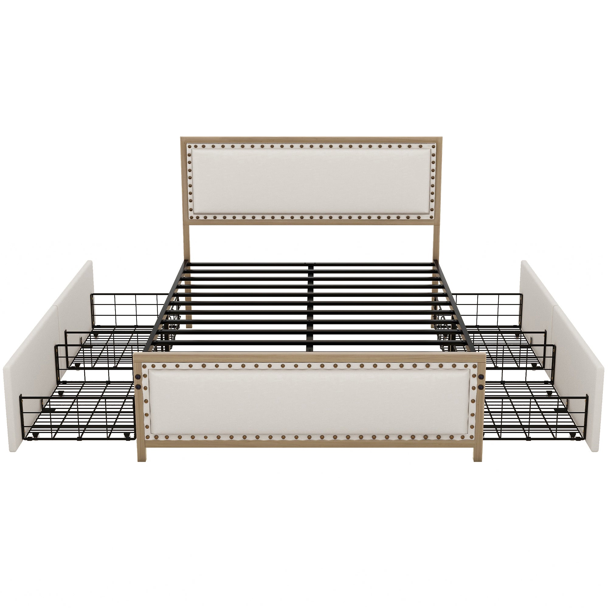 Queen Size Upholstered Platform Bed with Nailhead Decoration and 4 Drawers, Brown - Atlantic Fine Furniture Melbourne FL