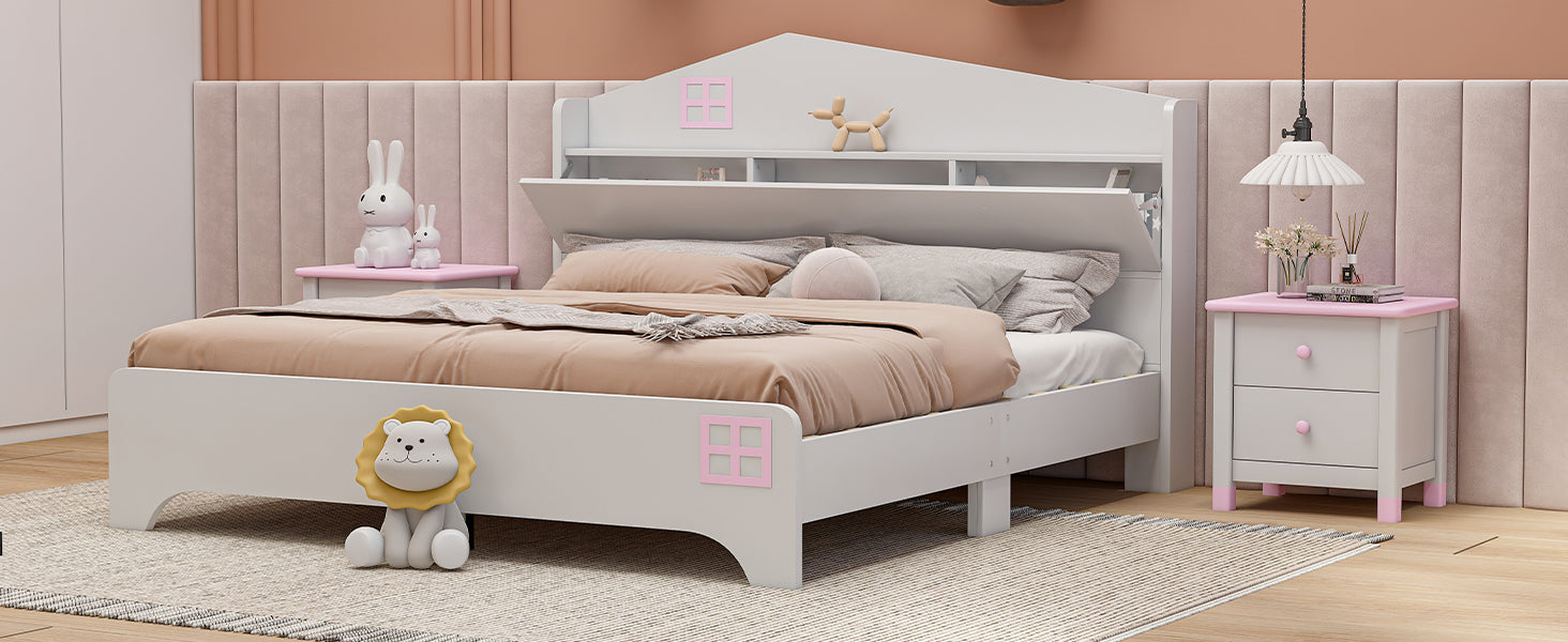 Wooden Full Size House Bed with Storage Headboard ,Kids Bed with Storage Shelf,White - Atlantic Fine Furniture Melbourne FL
