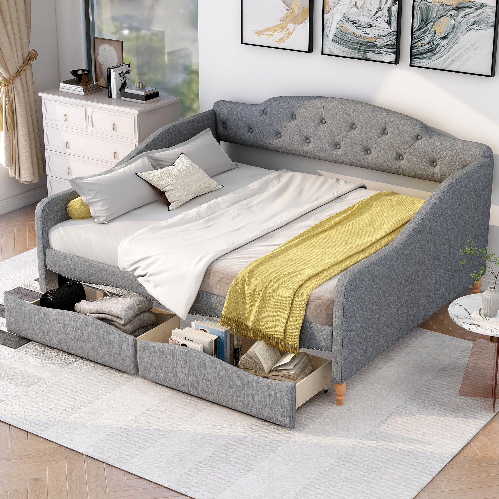 Full Size Vintage Upholstery Daybed with Two Large Storage Drawers, Gray - Atlantic Fine Furniture Melbourne FL