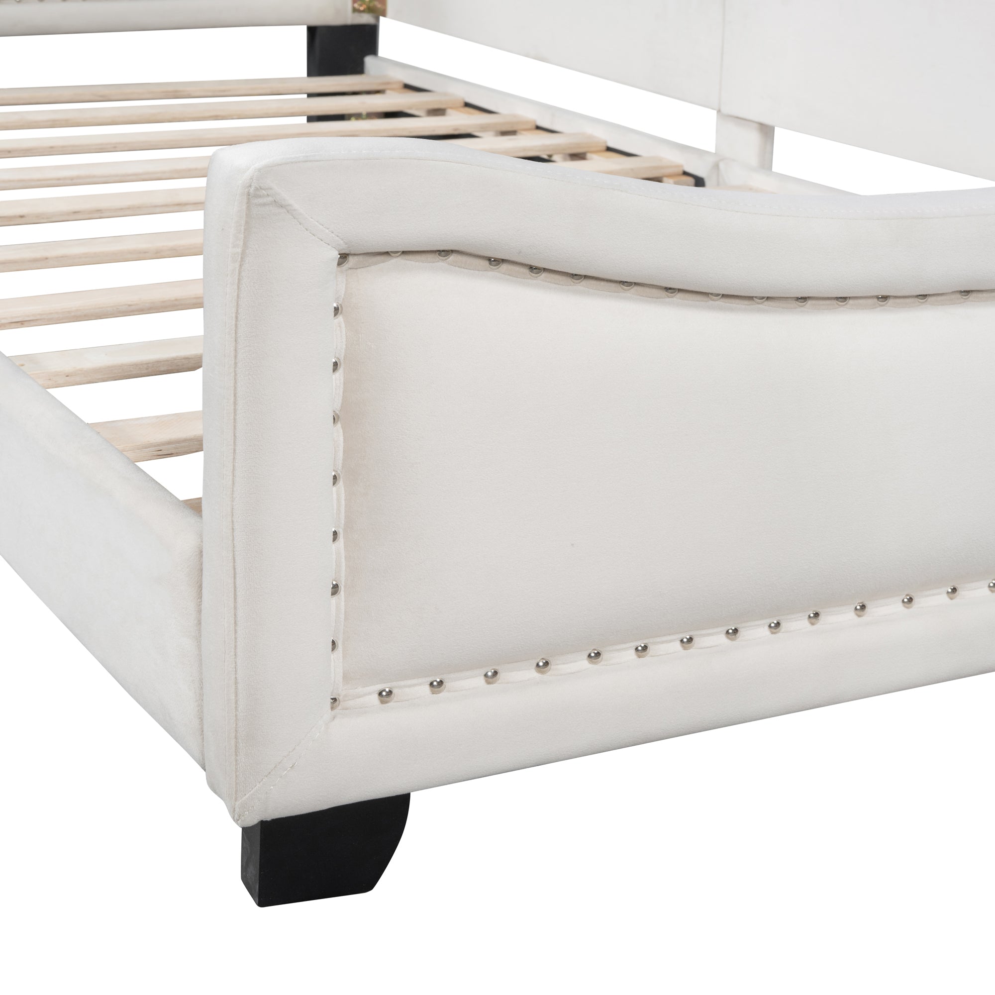 Twin Size Upholstered Daybed with Cloud Shaped Headboard, Embedded Elegant Copper Nail Design, Beige - Atlantic Fine Furniture Melbourne FL