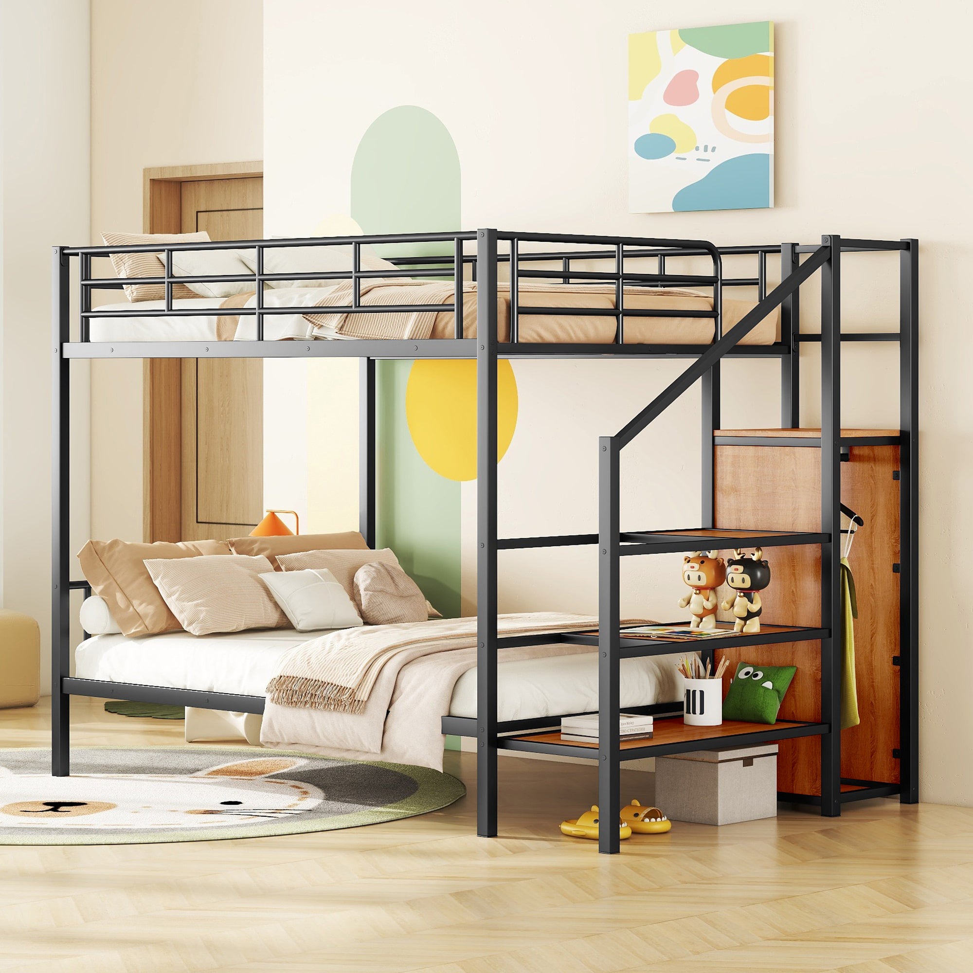 Full Over Full Metal Bunk Bed with Lateral Storage Ladder and Wardrobe, Black - Atlantic Fine Furniture Melbourne FL
