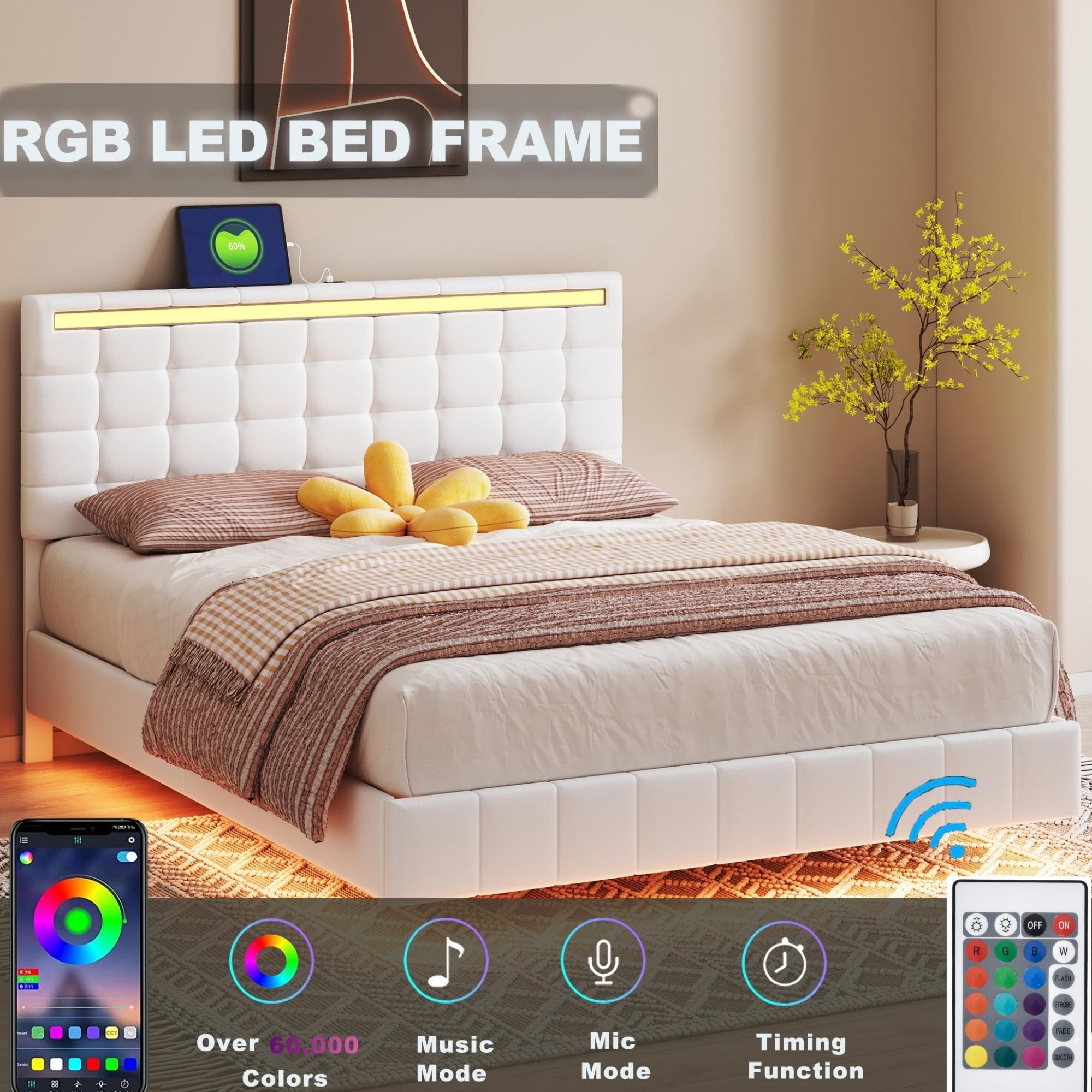 Queen Size Floating Bed Frame with LED Lights and USB Charging,Modern Upholstered Platform LED Bed Frame,White - Atlantic Fine Furniture Melbourne FL