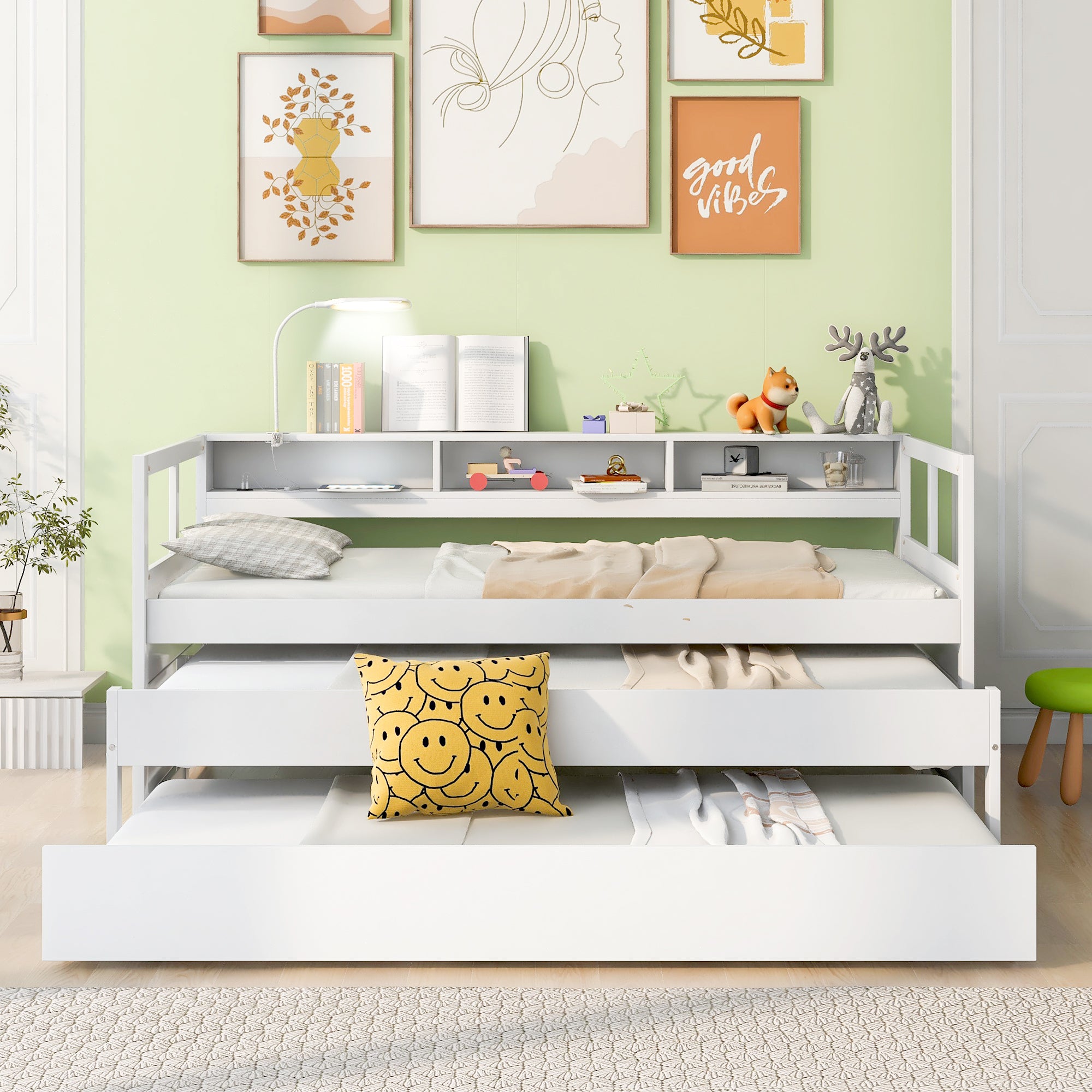 Twin XL Wood Daybed with 2 Trundles, 3 Storage Cubbies, 1 Light for Free and USB Charging Design, White - Atlantic Fine Furniture Melbourne FL