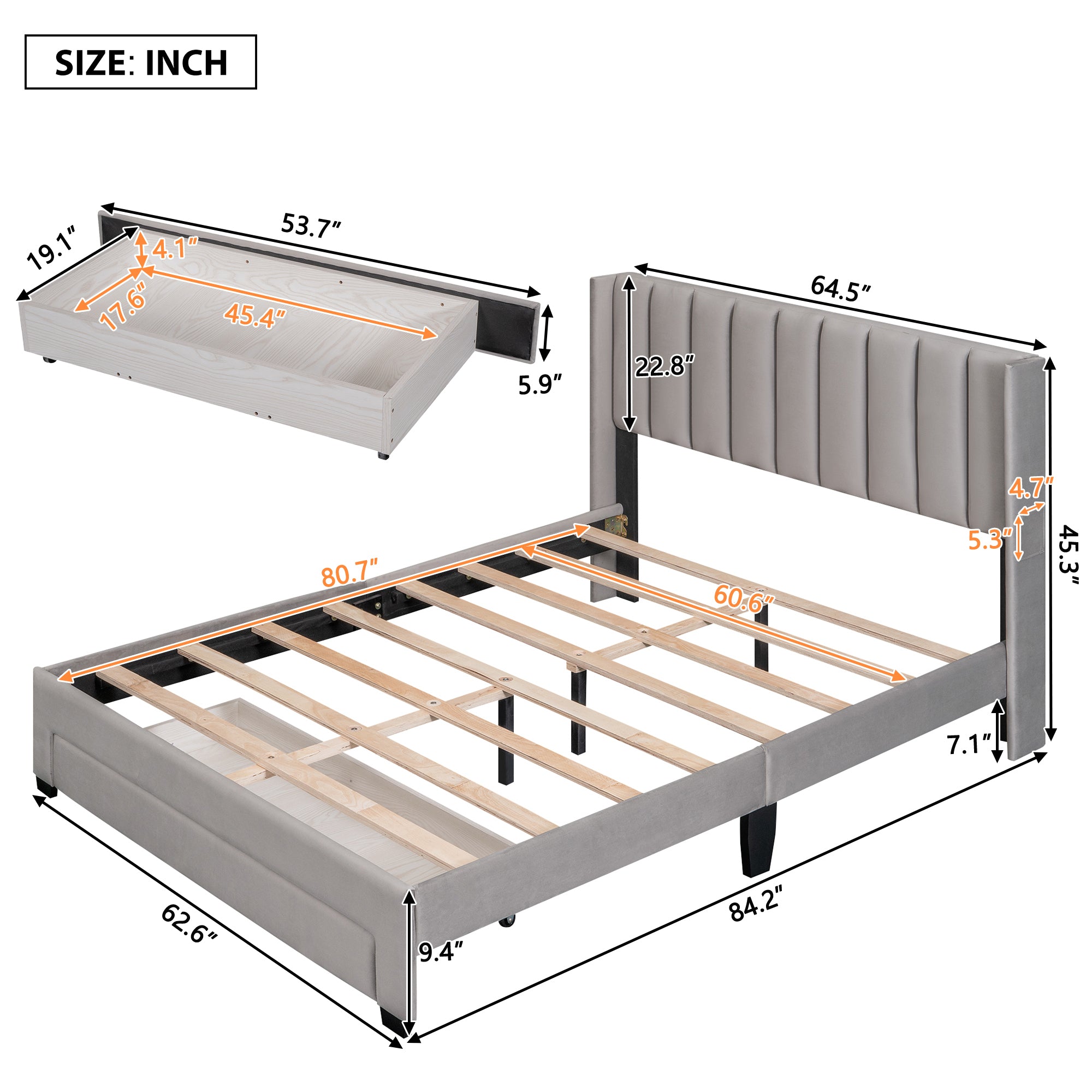 Queen Size Storage Bed Velvet Upholstered Platform Bed with a Big Drawer - Gray - Atlantic Fine Furniture Melbourne FL