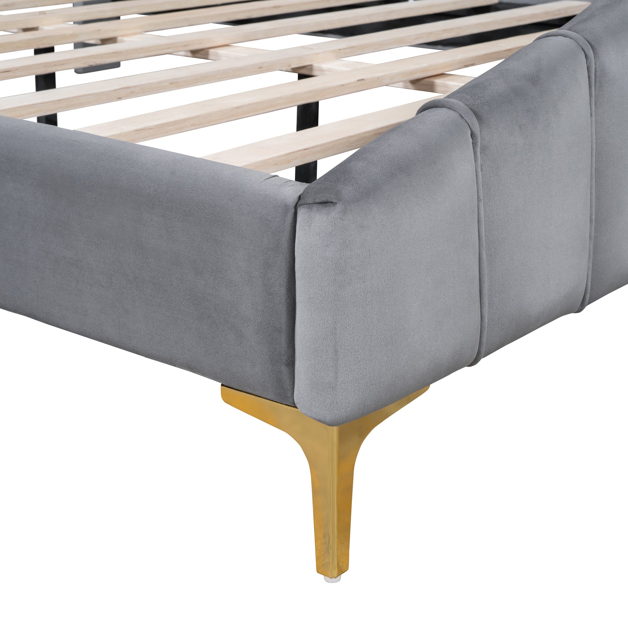Queen Size Velvet Platform Bed with Thick Fabric, Stylish Stripe Decorated Bedboard and Elegant Metal Bed Leg, Gray - Atlantic Fine Furniture Melbourne FL