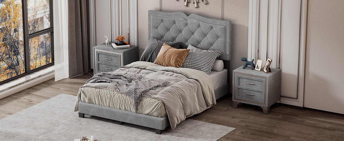 Full Size Upholstered Bed Frame with Rivet Design, Modern Velvet Platform Bed with Tufted Headboard,Gray - Atlantic Fine Furniture Melbourne FL