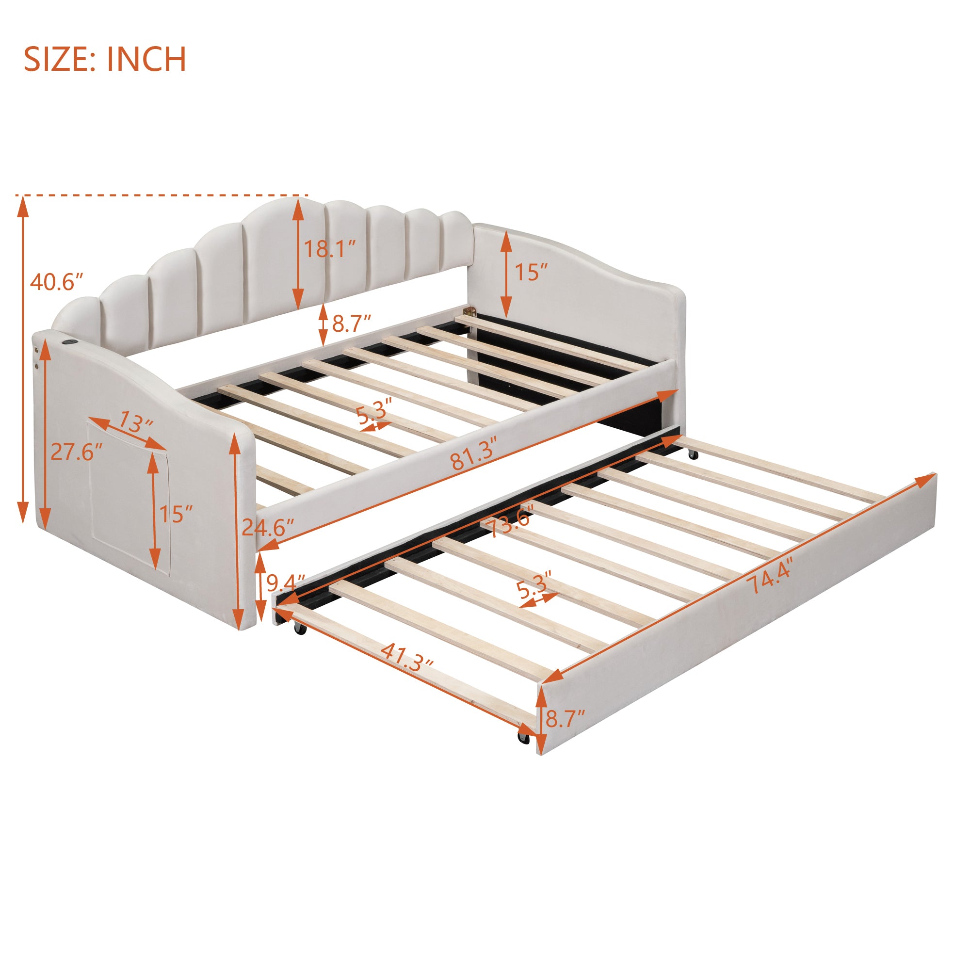Twin size Upholstered Daybed with Trundle ,Velvet Sofabed with USB Charging Ports,No Box-spring Needed,Beige - Atlantic Fine Furniture Melbourne FL