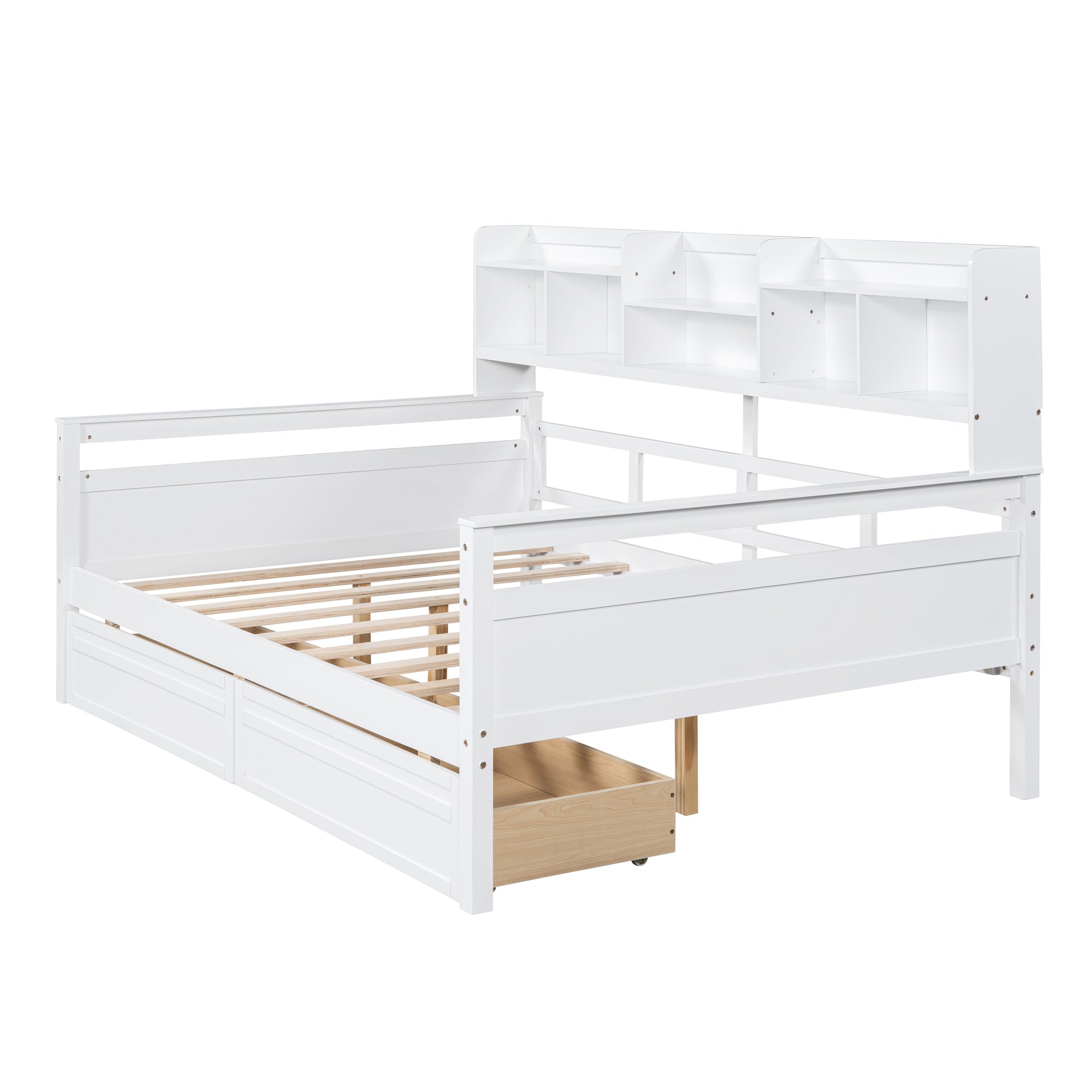 Full size Daybed, Wood Slat Support, with Bedside Shelf and Two Drawers, White - Atlantic Fine Furniture Melbourne FL