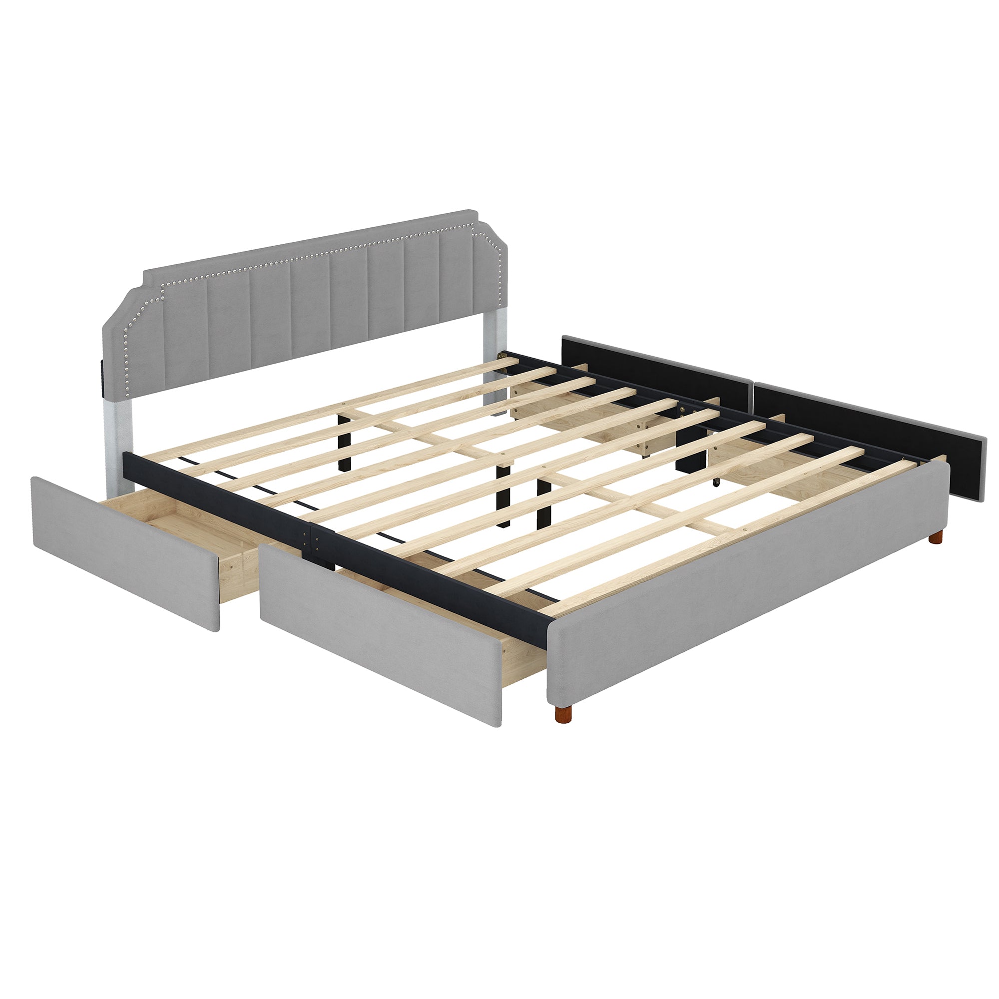 King Size Upholstery Platform Bed with Four Storage Drawers,Support Legs,Grey - Atlantic Fine Furniture Melbourne FL