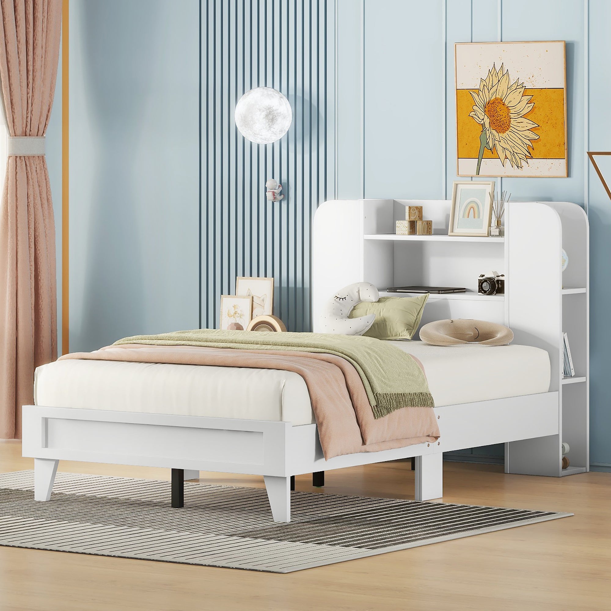 Twin Size Platform Bed with Storage Headboard,Multiple Storage Shelves on Both Sides,White - Atlantic Fine Furniture Melbourne FL