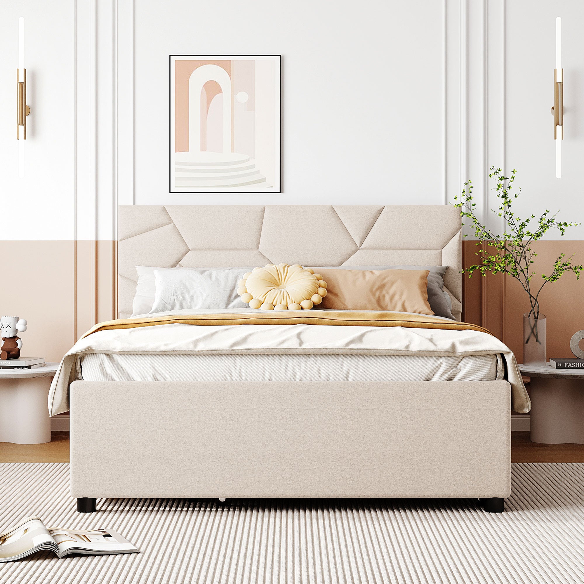 Full Size Upholstered Platform Bed with Brick Pattern Headboard, with Twin Size Trundle and 2 Drawers, Linen Fabric, Beige - Atlantic Fine Furniture Melbourne FL