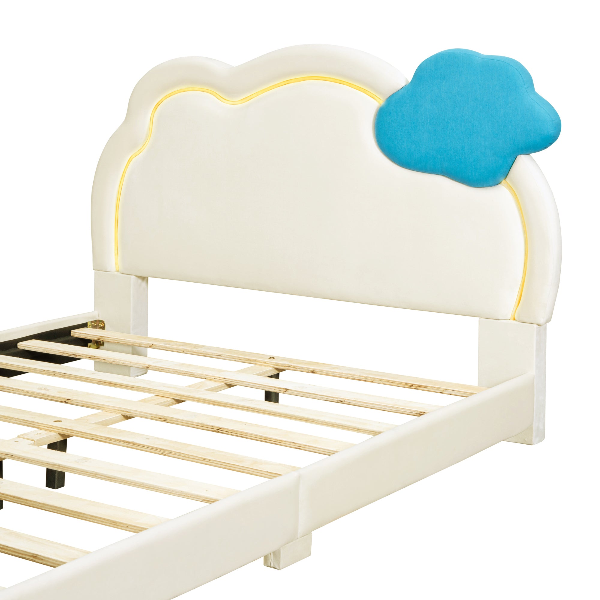 Full Size Upholstered Platform Bed with Cloud-Shaped Headboard and Embedded Light Stripe, Velvet, Beige - Atlantic Fine Furniture Melbourne FL