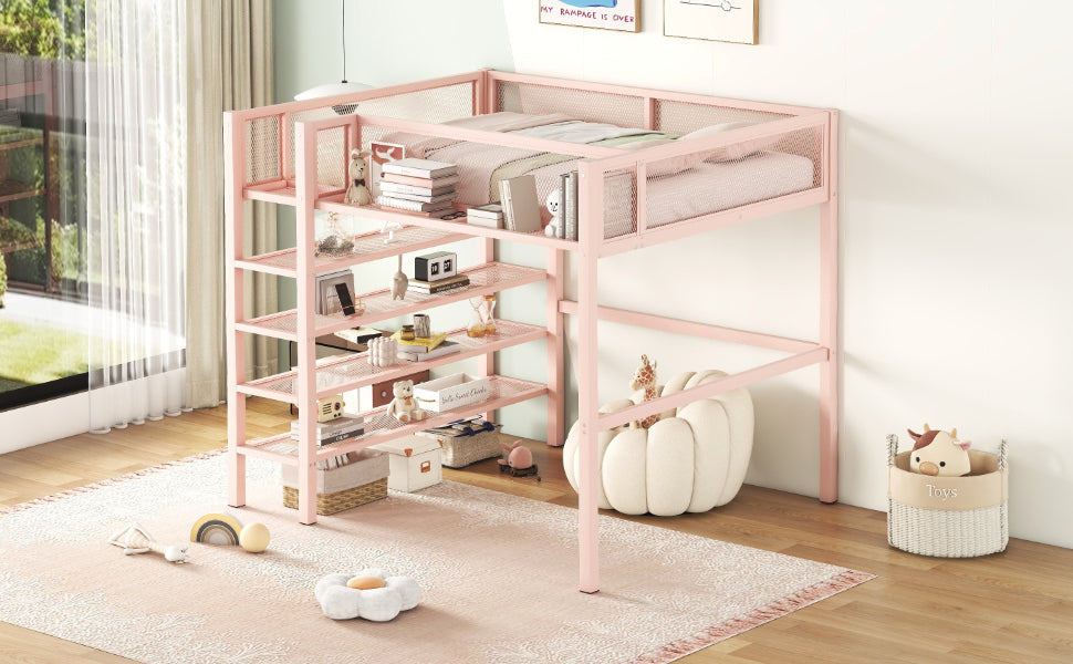 Full Size Metal Loft Bed with 4-Tier Shelves and Storage, Pink - Atlantic Fine Furniture Melbourne FL