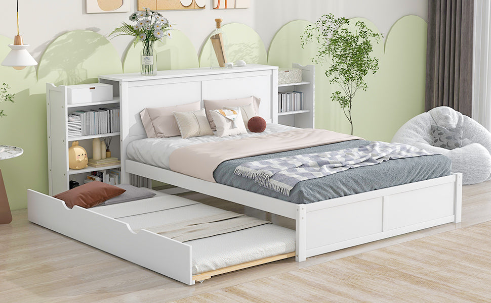 Queen Size Storage Platform Bed with Pull Out Shelves and Twin XL Size Trundle, White