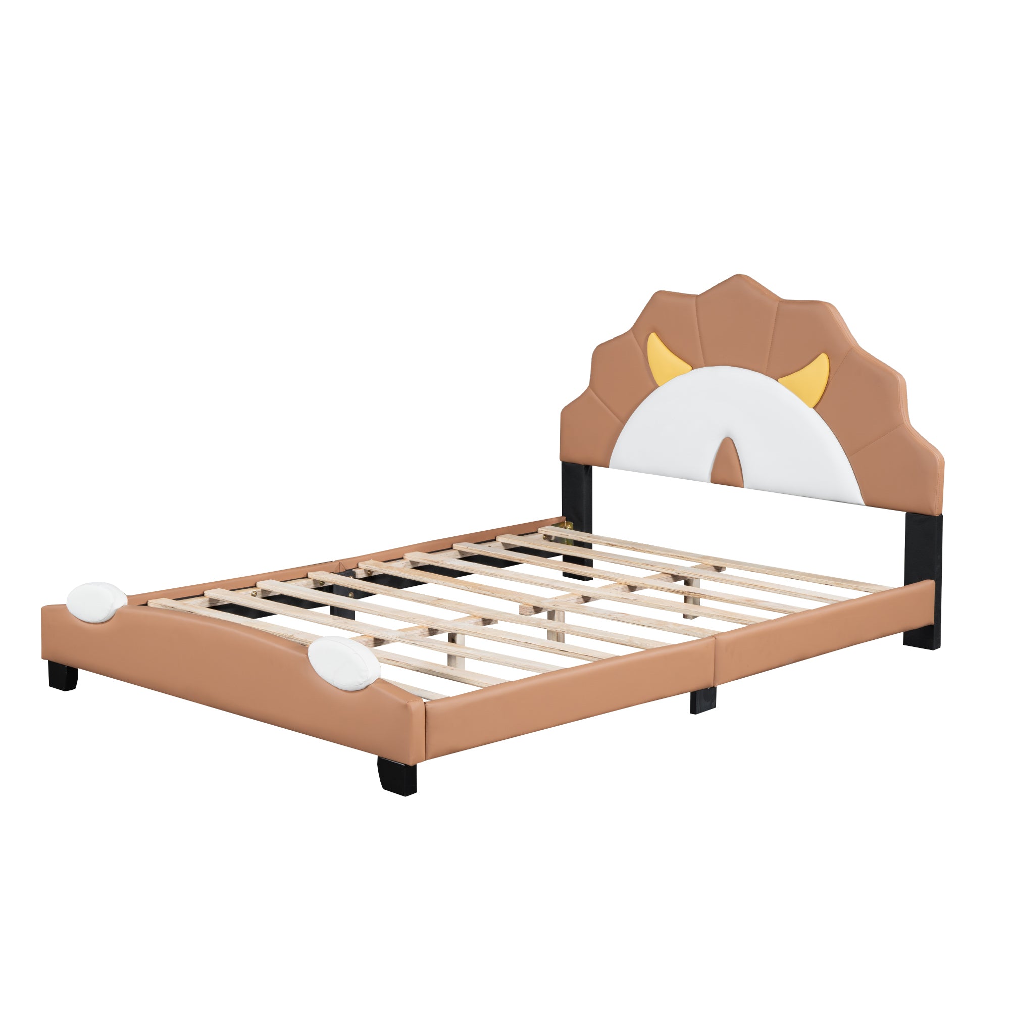 Full Size Upholstered Leather Platform Bed with Lion-Shaped Headboard, Brown - Atlantic Fine Furniture Melbourne FL