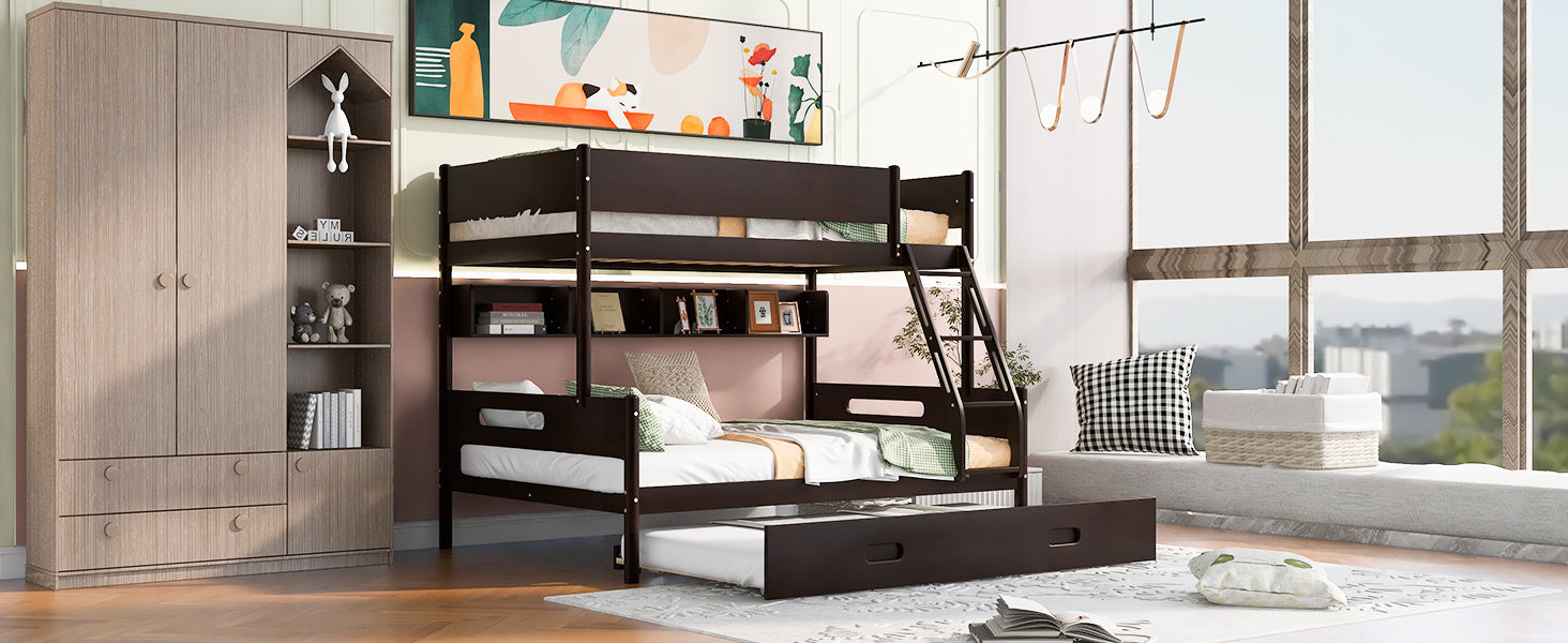 Wood Twin over Full Bunk Bed with Storage Shelves and Twin Size Trundle, Espresso - Atlantic Fine Furniture Melbourne FL