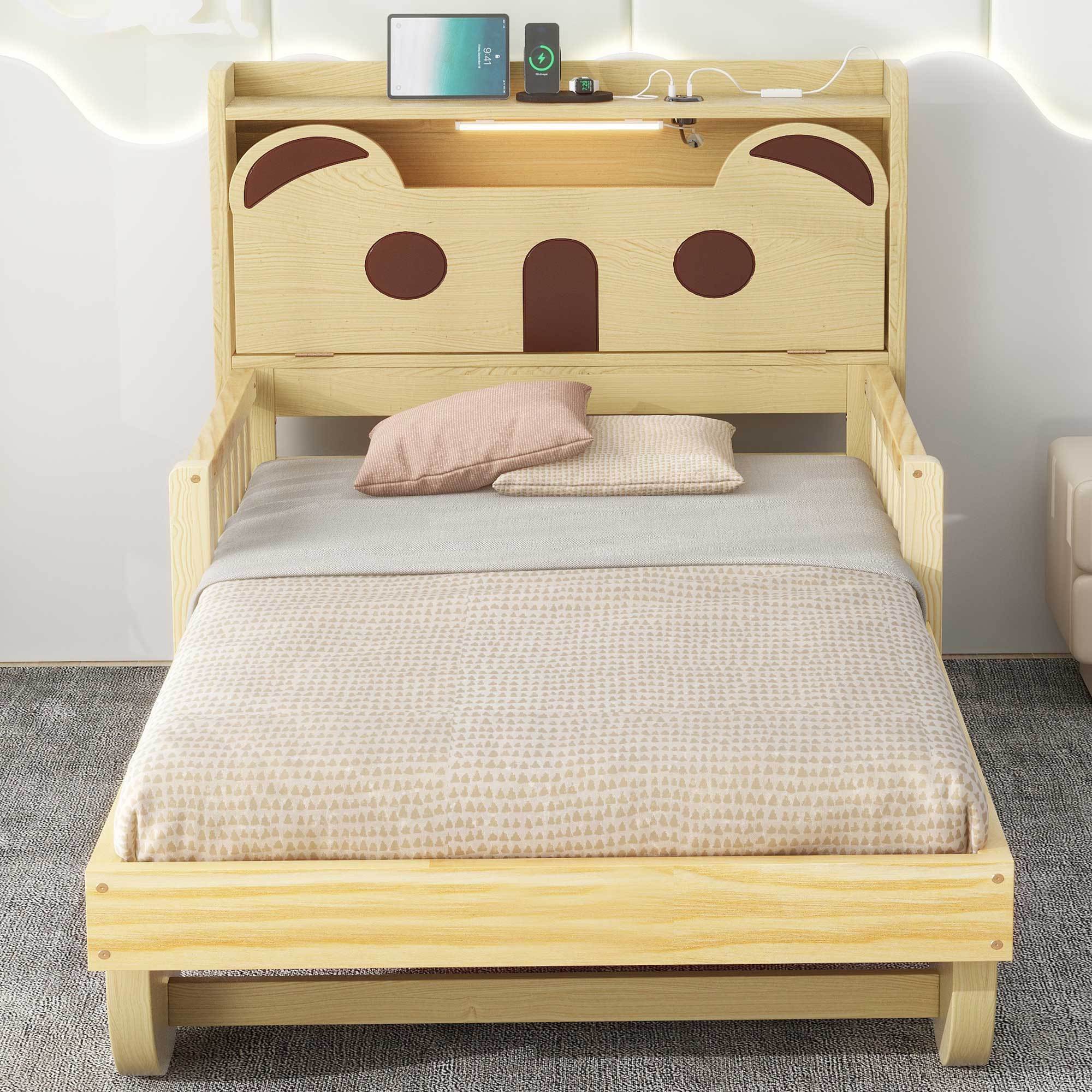 Twin Size Car Bed with Bear-Shaped Headboard, USB and LED, Natural - Atlantic Fine Furniture Melbourne FL