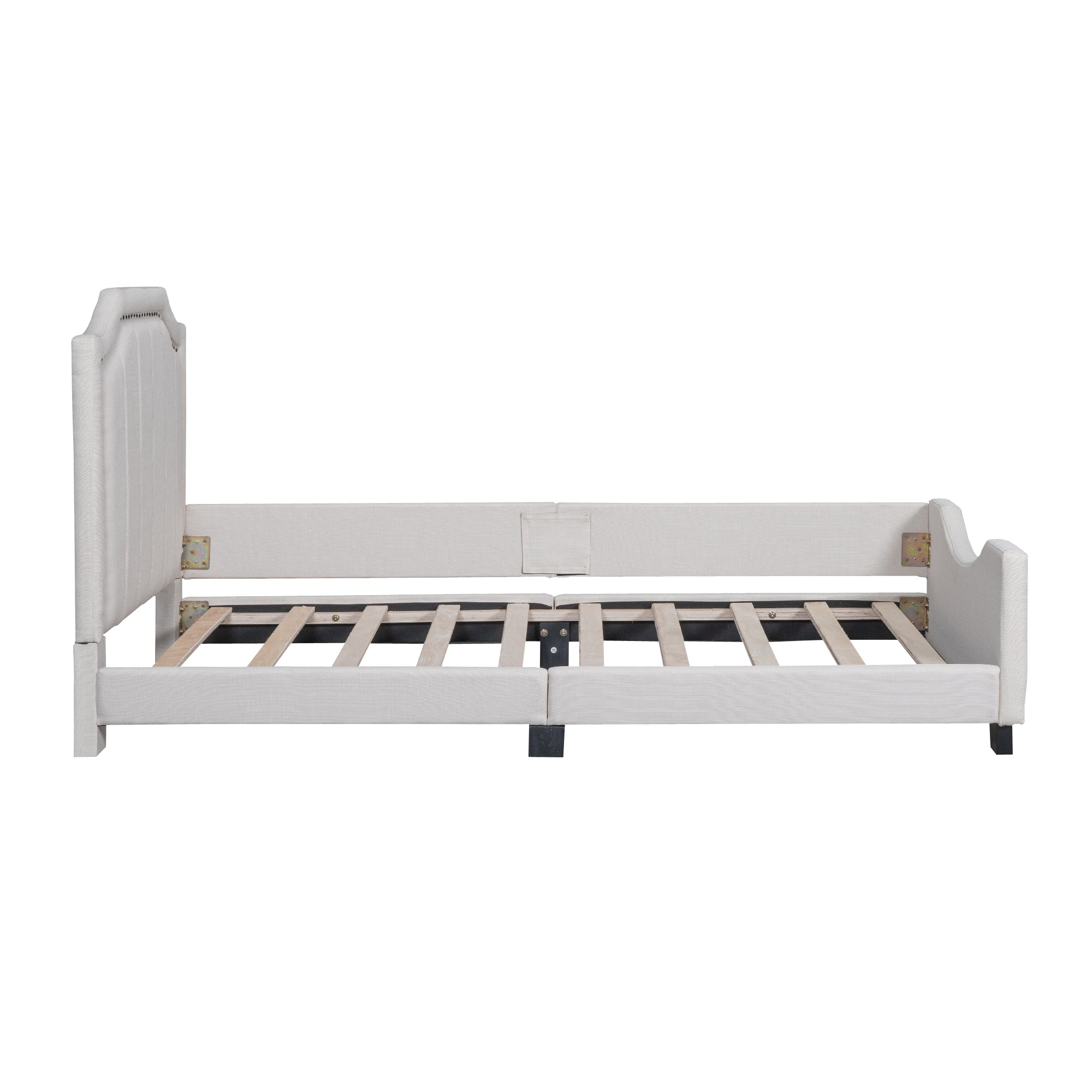 Twin Size Upholstered Platform Bed with Nailhead Trim Decoration and Guardrail, Beige - Atlantic Fine Furniture Melbourne FL