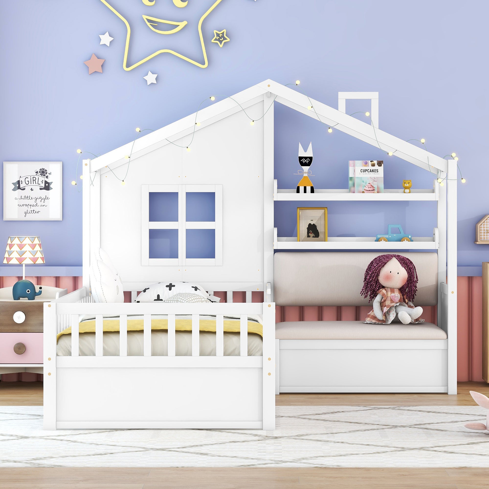 Twin Size House Bed with Sofa, Kids Platform Bed with Two Drawers and Storage Shelf, White - Atlantic Fine Furniture Melbourne FL
