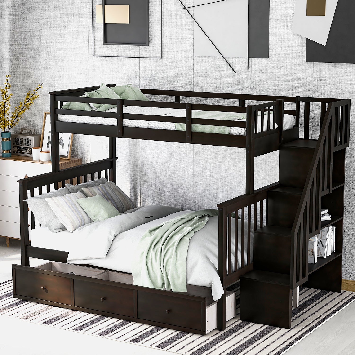 Stairway Twin-Over-Full Bunk Bed with Drawer, Storage and Guard Rail for Bedroom, Dorm, for Adults, Espresso color( old sku: LP000219AAP ) - Atlantic Fine Furniture Melbourne FL