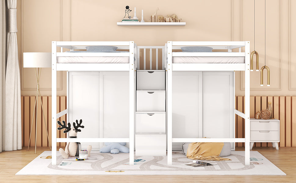 Double Twin Loft Beds with Wardrobes and Staircase, White - Atlantic Fine Furniture Melbourne FL
