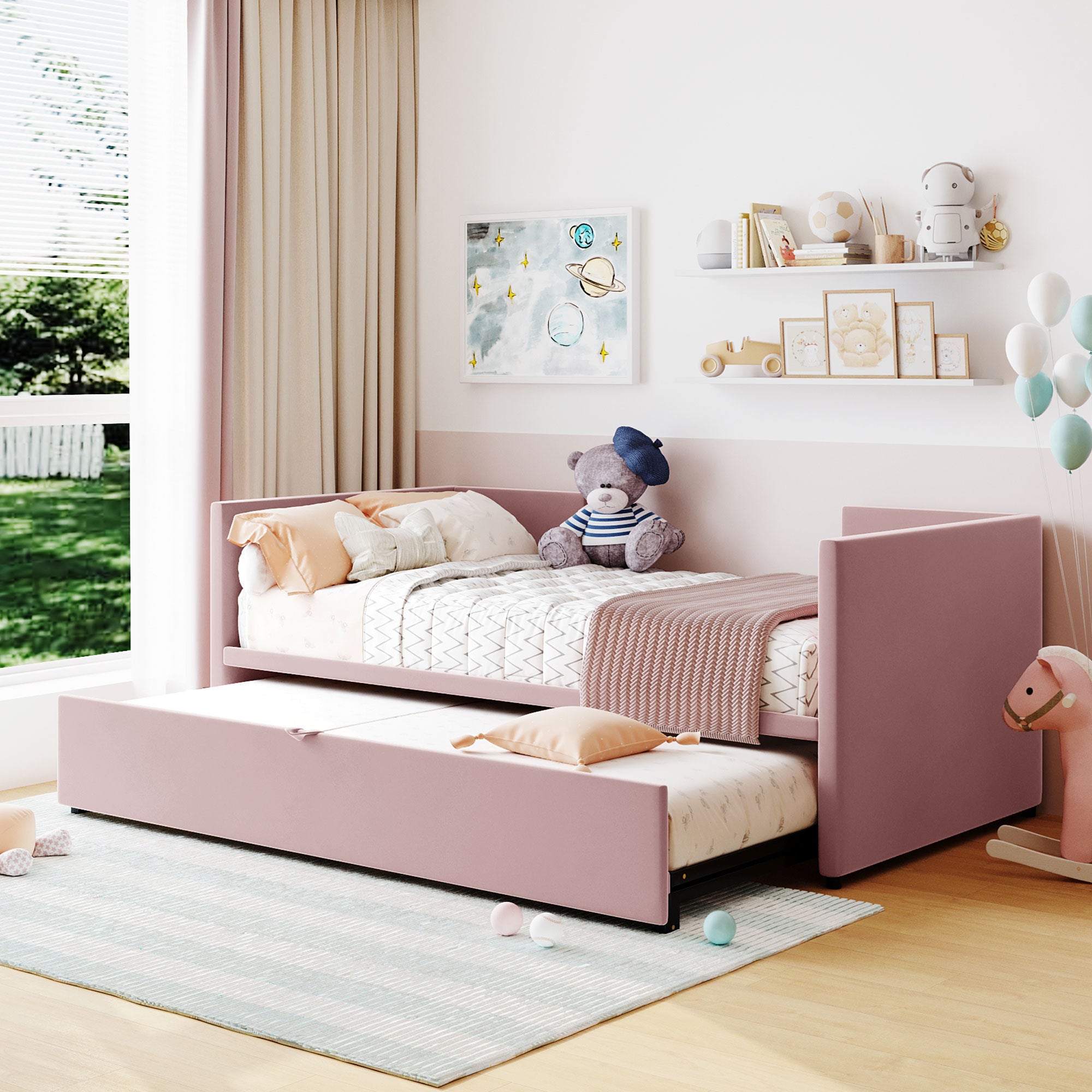 Twin Size Upholstered daybed with Pop Up Trundle, Pink - Atlantic Fine Furniture Melbourne FL