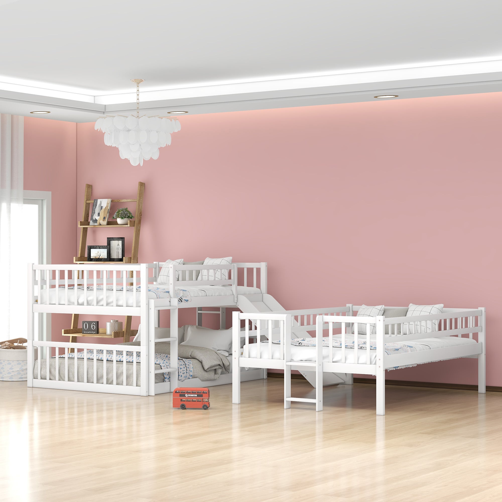 Full-Over-Full-Over-Full Triple Bed with Built-in Ladder and Slide , Triple Bunk Bed with Guardrails, White(OLD SKU :LP000052AAK)