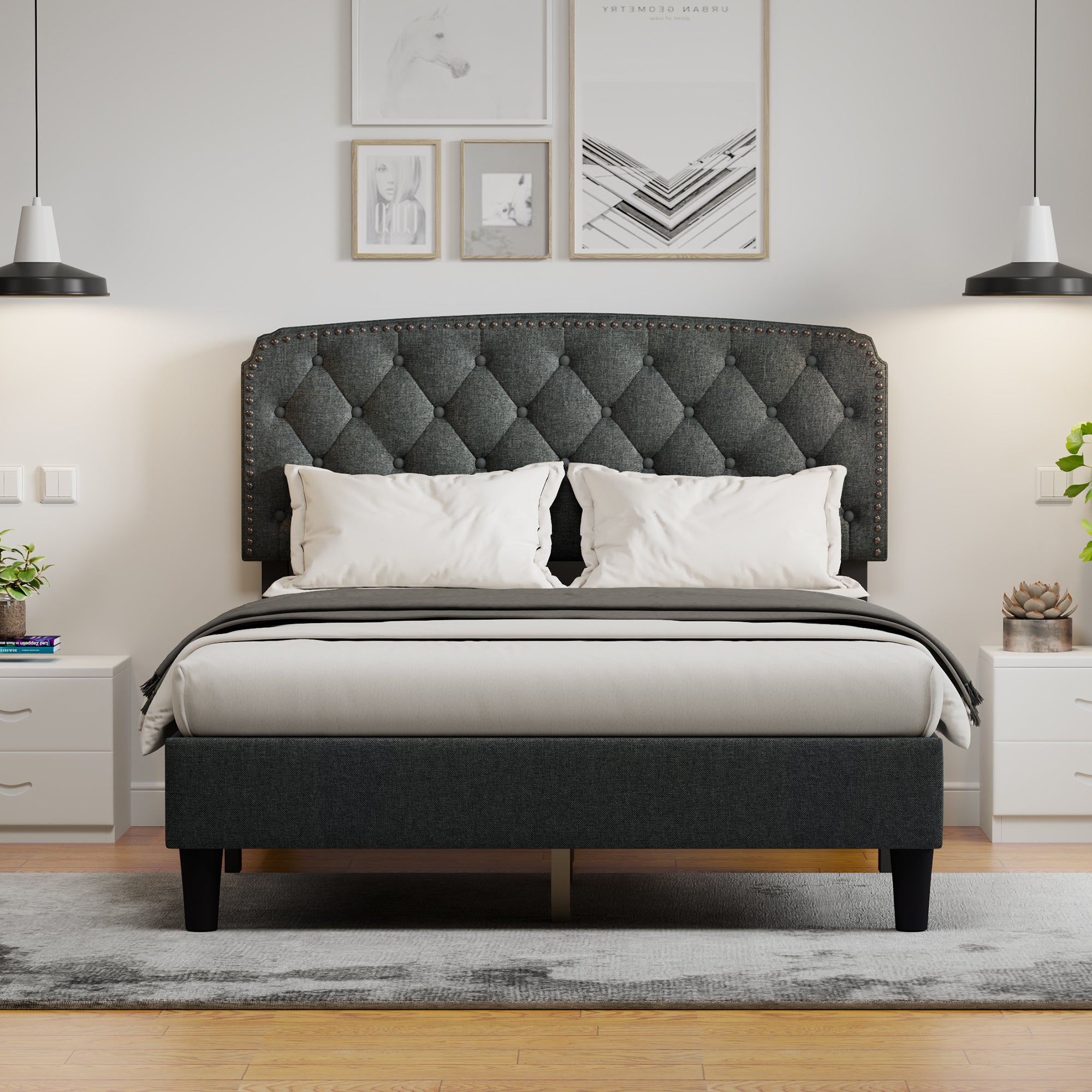 Full size Adjustable Headboard with Fine Linen Upholstery and Button Tufting for Bedroom, Wave Top dark Gray