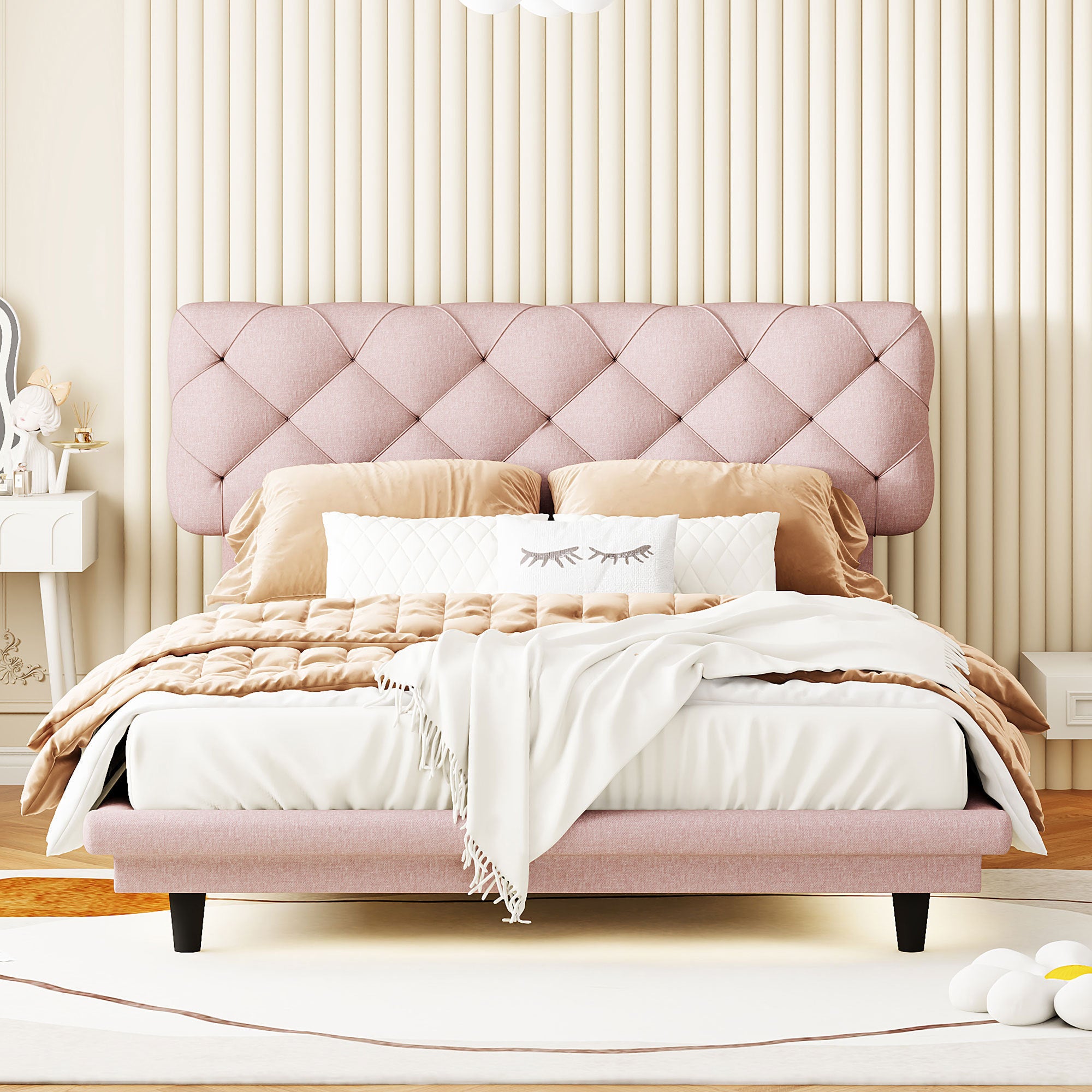 Full Size Upholstered Bed with Light Stripe, Floating Platform Bed, Linen Fabric,Pink - Atlantic Fine Furniture Melbourne FL