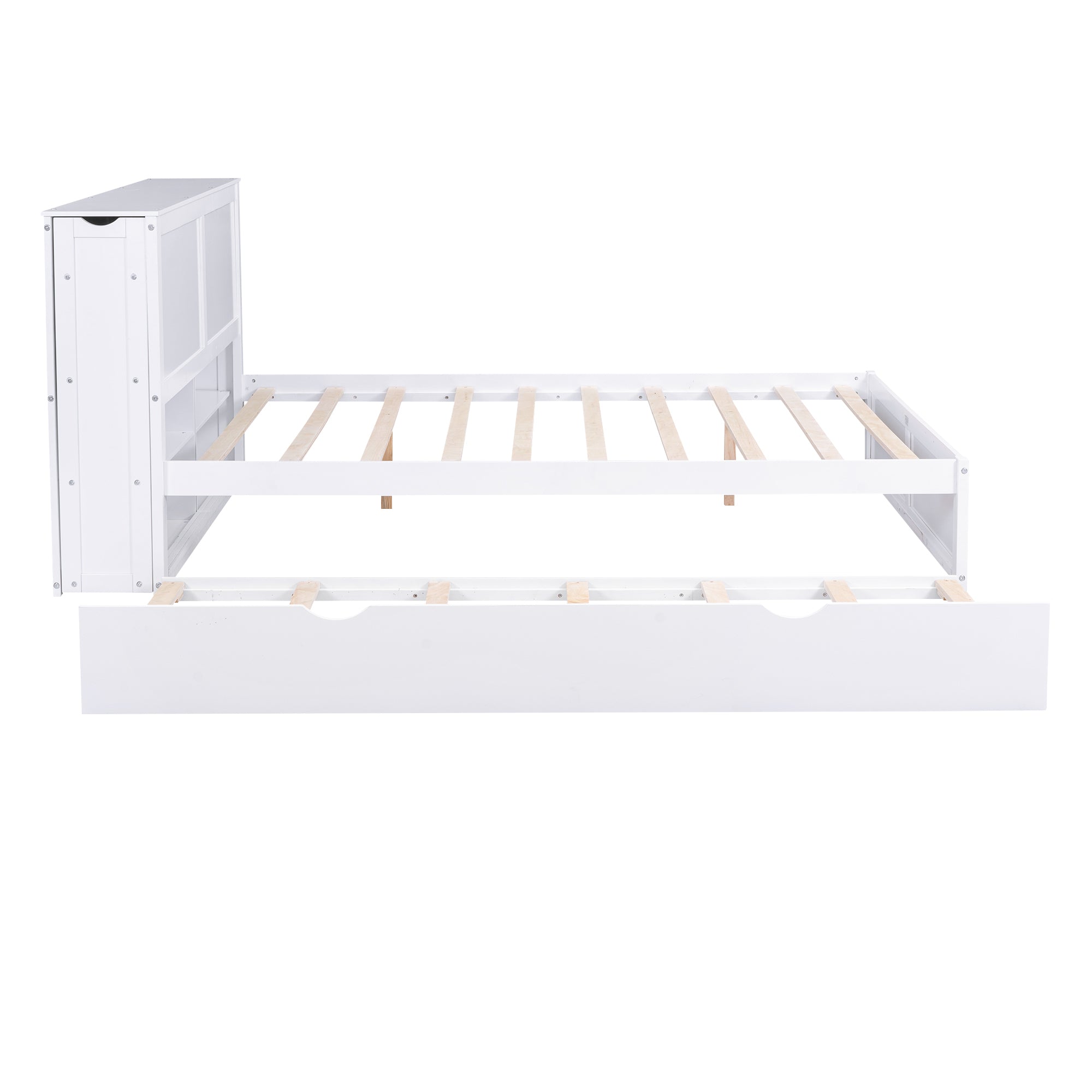 Queen Size Storage Platform Bed with Pull Out Shelves and Twin XL Size Trundle, White