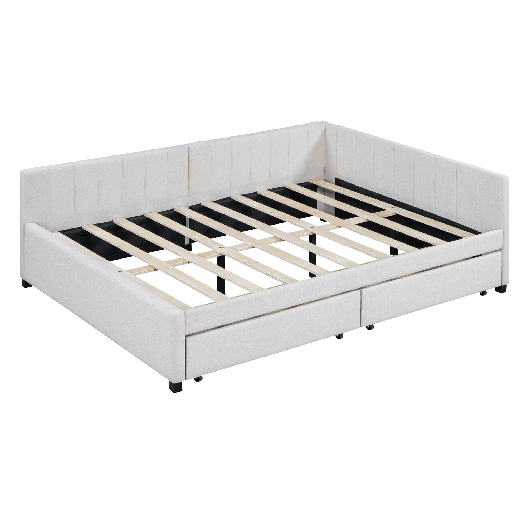 Full Size Upholstered Daybed with 2 Storage Drawers Sofa Bed Frame No Box Spring Needed, Linen Fabric (Beige) - Atlantic Fine Furniture Melbourne FL
